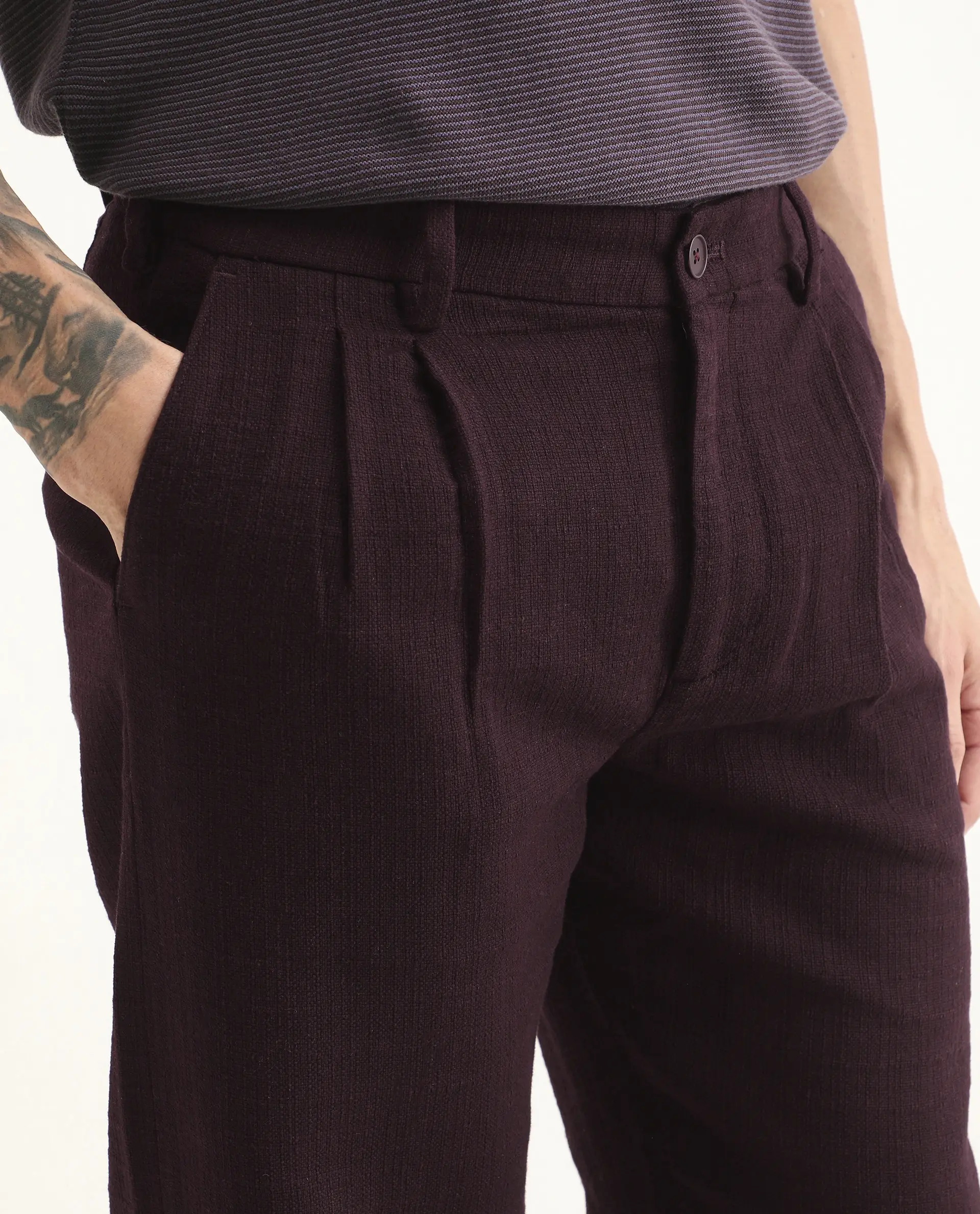Rare Rabbit Men's Neux Dark Maroon Cotton Fabric Regular Fit Textured Trouser - Image 3
