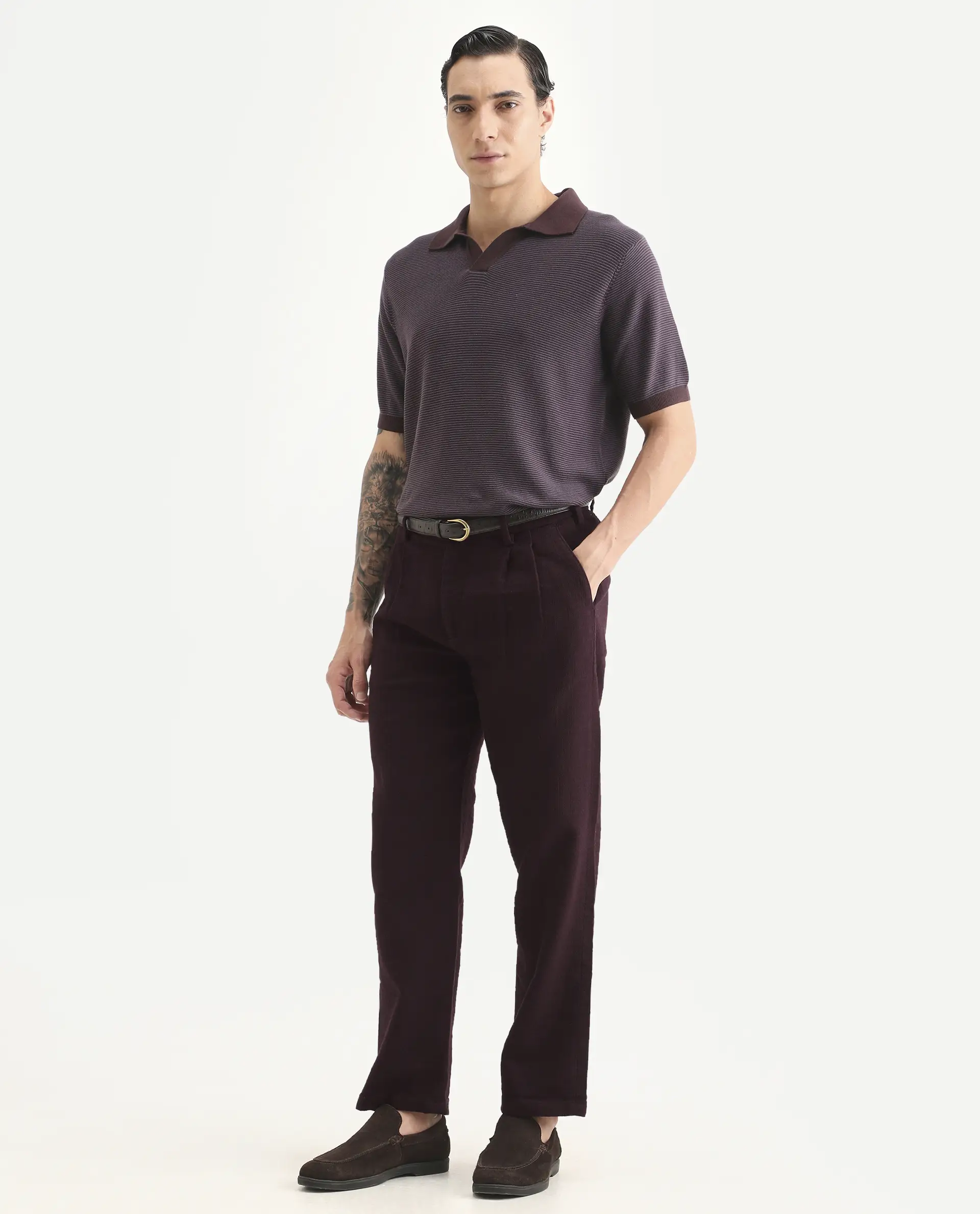 Rare Rabbit Men's Neux Dark Maroon Cotton Fabric Regular Fit Textured Trouser - Image 4