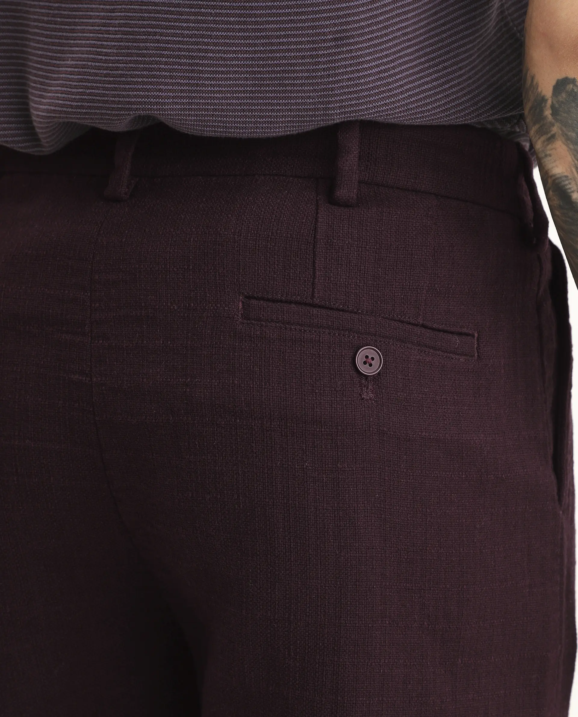 Rare Rabbit Men's Neux Dark Maroon Cotton Fabric Regular Fit Textured Trouser - Image 6