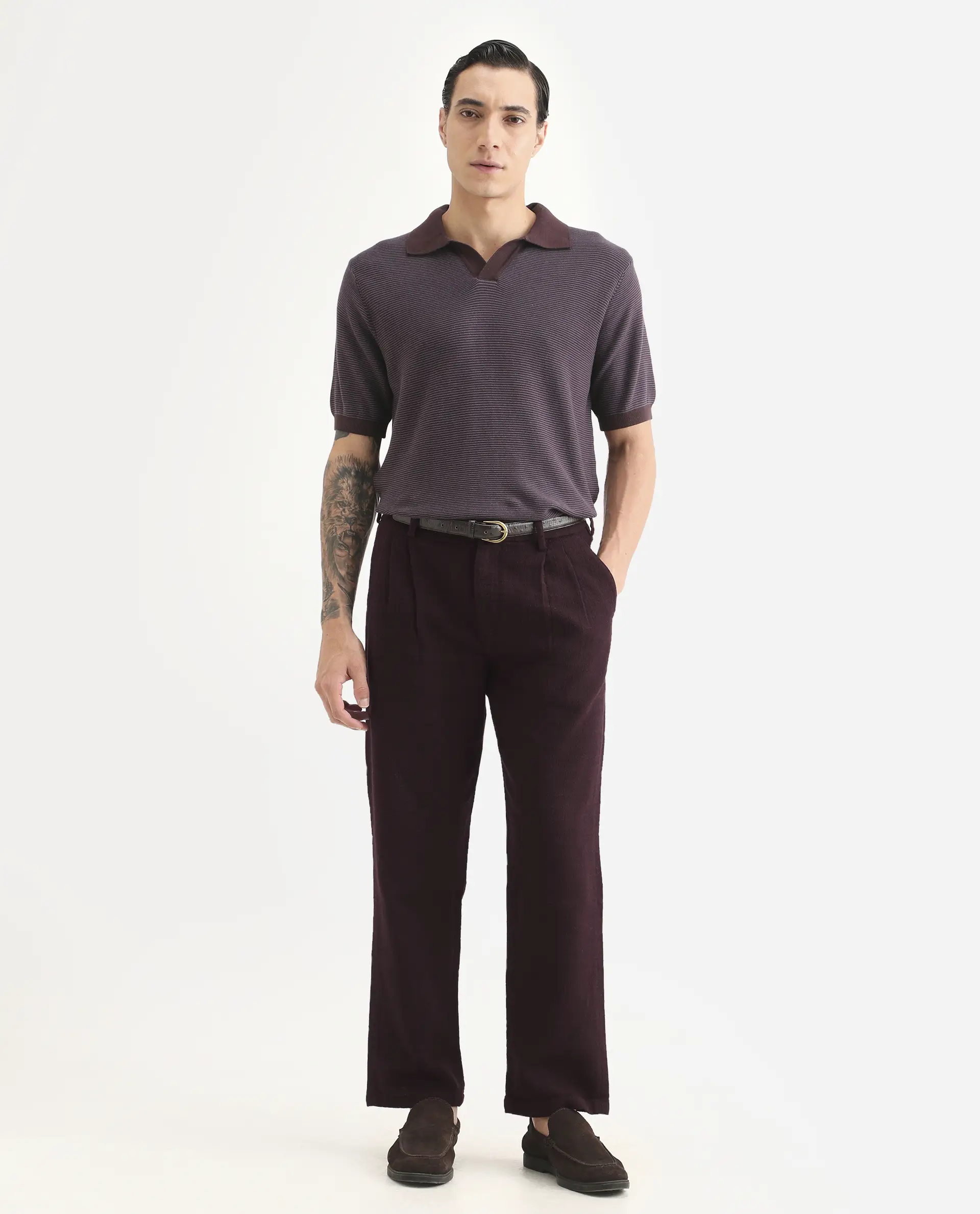 Rare Rabbit Men's Neux Dark Maroon Cotton Fabric Regular Fit Textured Trouser - Image 7