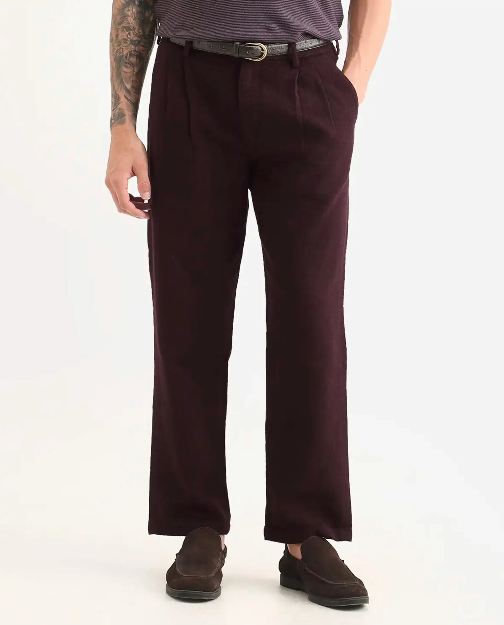 Rare Rabbit Men's Neux Dark Maroon Cotton Fabric Regular Fit Textured Trouser - Image 9