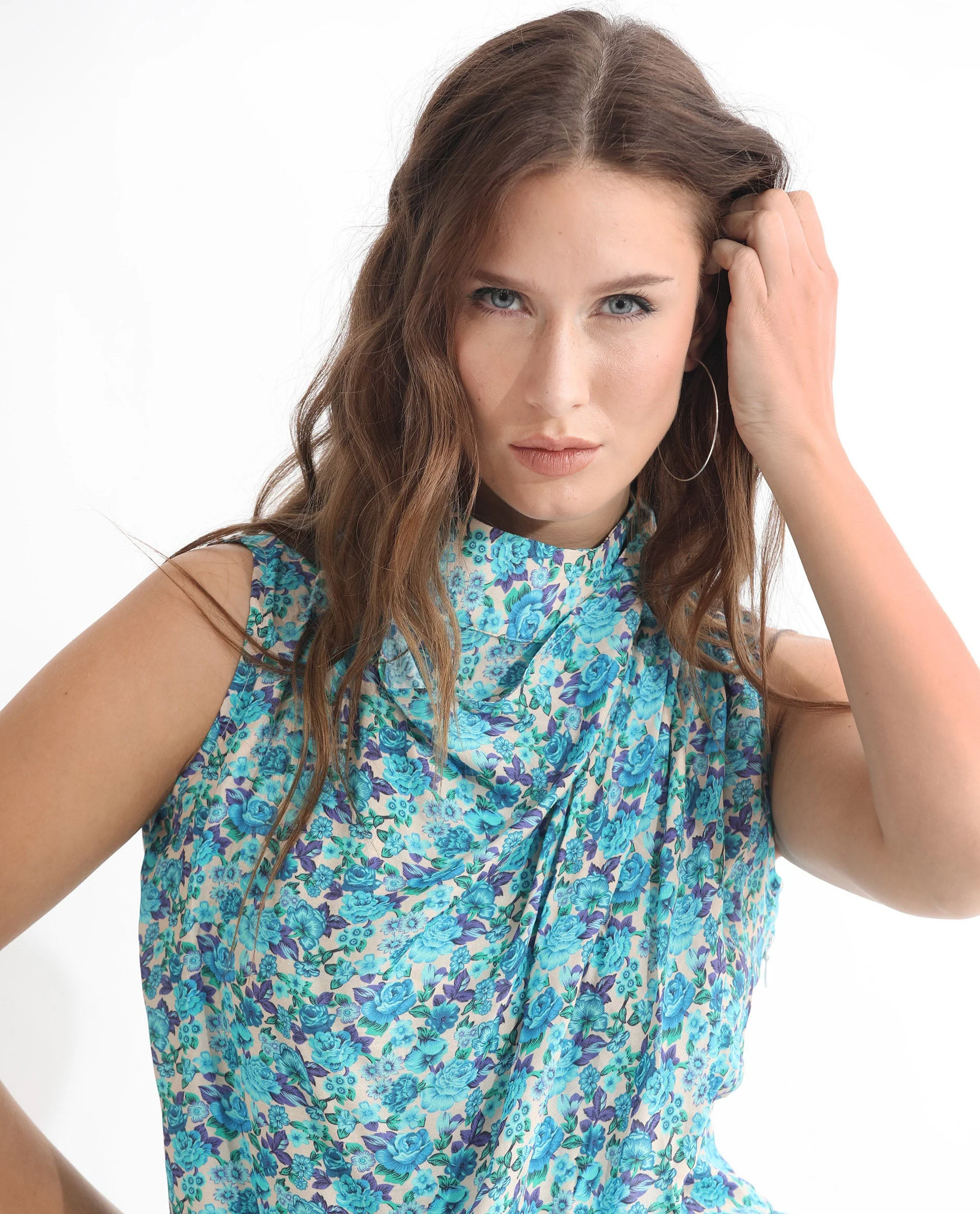 Rareism Women's Never Blue Cotton Blend High Neck Floral Print Sleeveless Tailored Top - Image 10