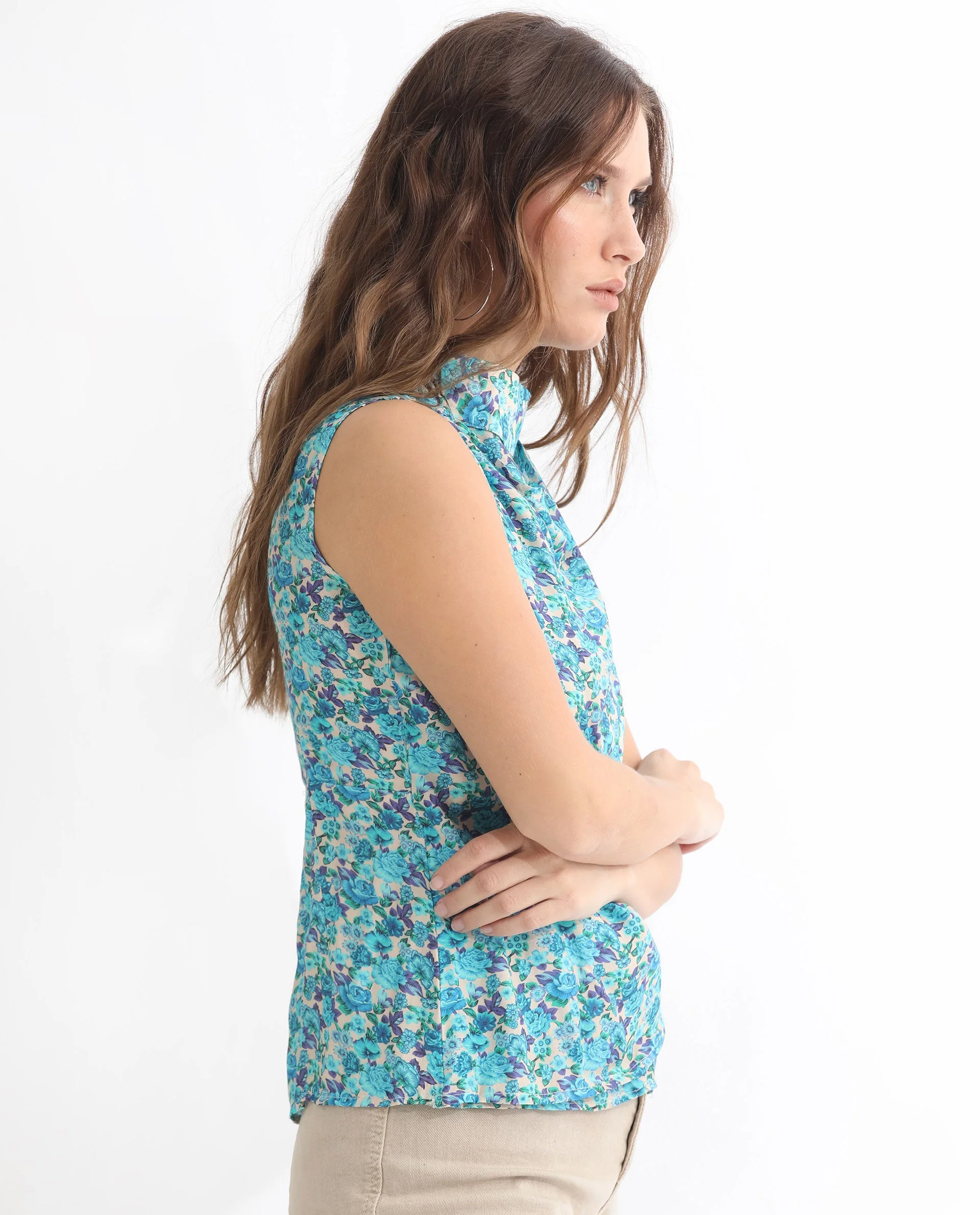 Rareism Women's Never Blue Cotton Blend High Neck Floral Print Sleeveless Tailored Top - Image 14