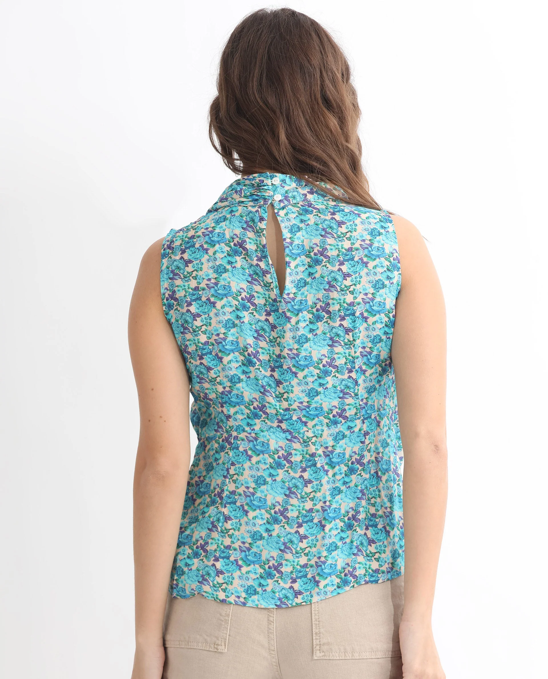 Rareism Women's Never Blue Cotton Blend High Neck Floral Print Sleeveless Tailored Top - Image 15