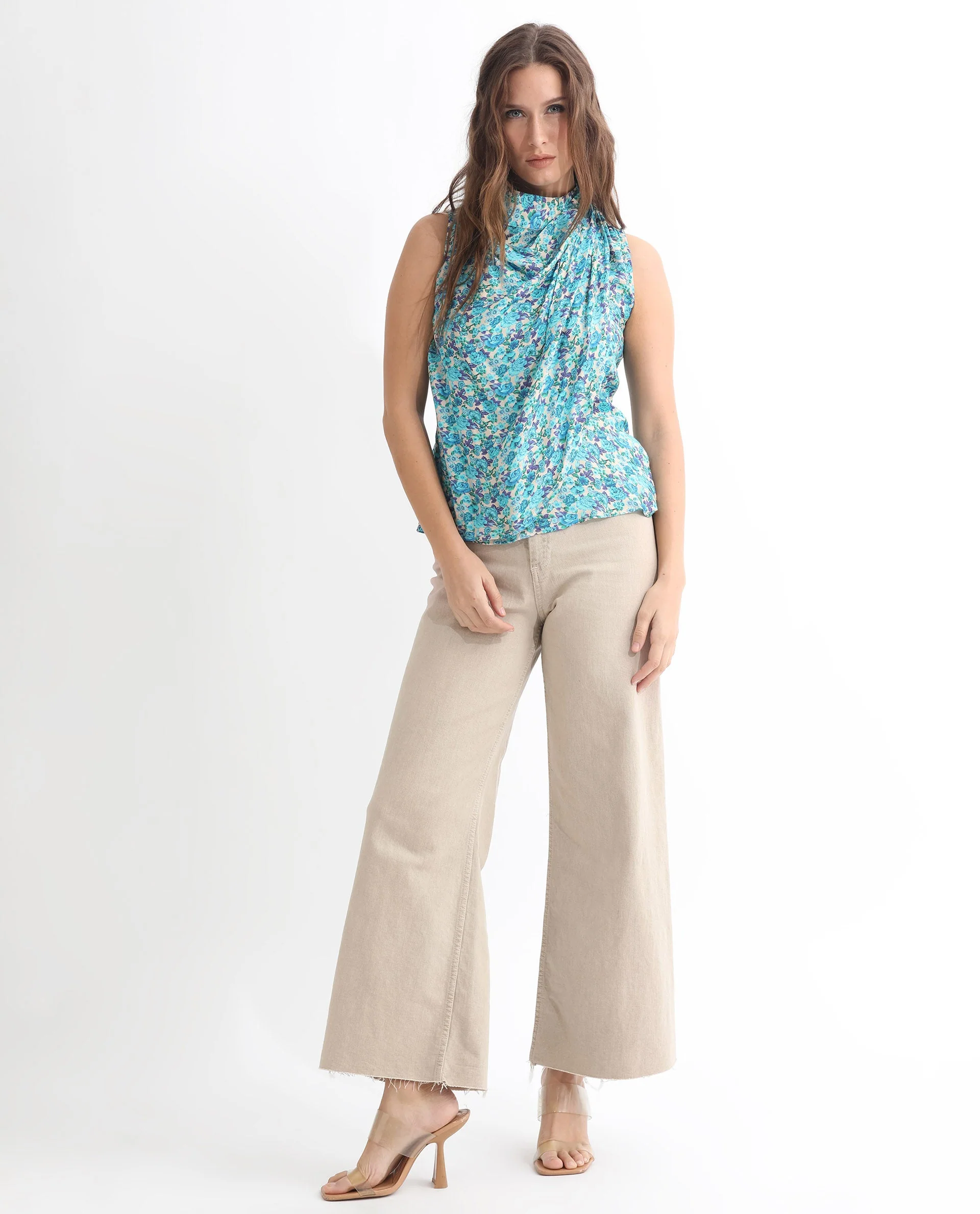 Rareism Women's Never Blue Cotton Blend High Neck Floral Print Sleeveless Tailored Top - Image 7