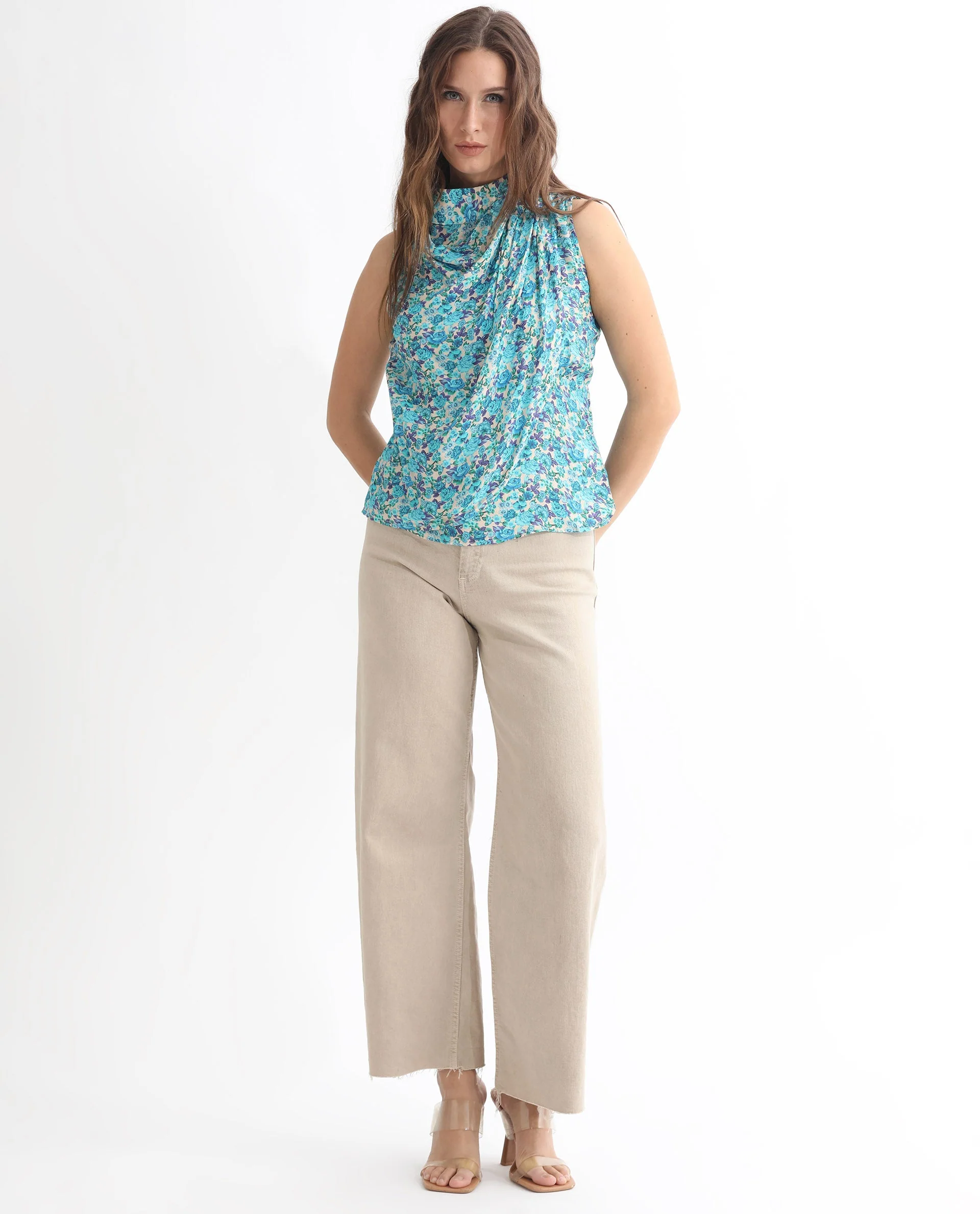 Rareism Women's Never Blue Cotton Blend High Neck Floral Print Sleeveless Tailored Top - Image 8