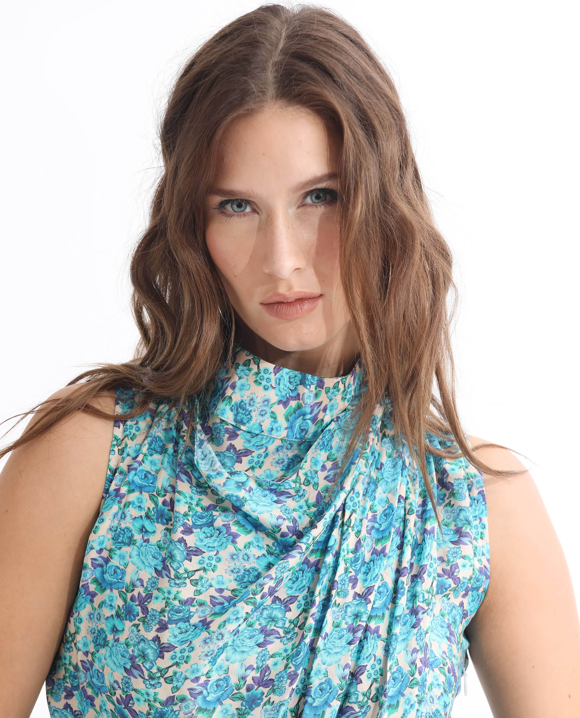 Rareism Women's Never Blue Cotton Blend High Neck Floral Print Sleeveless Tailored Top - Image 9