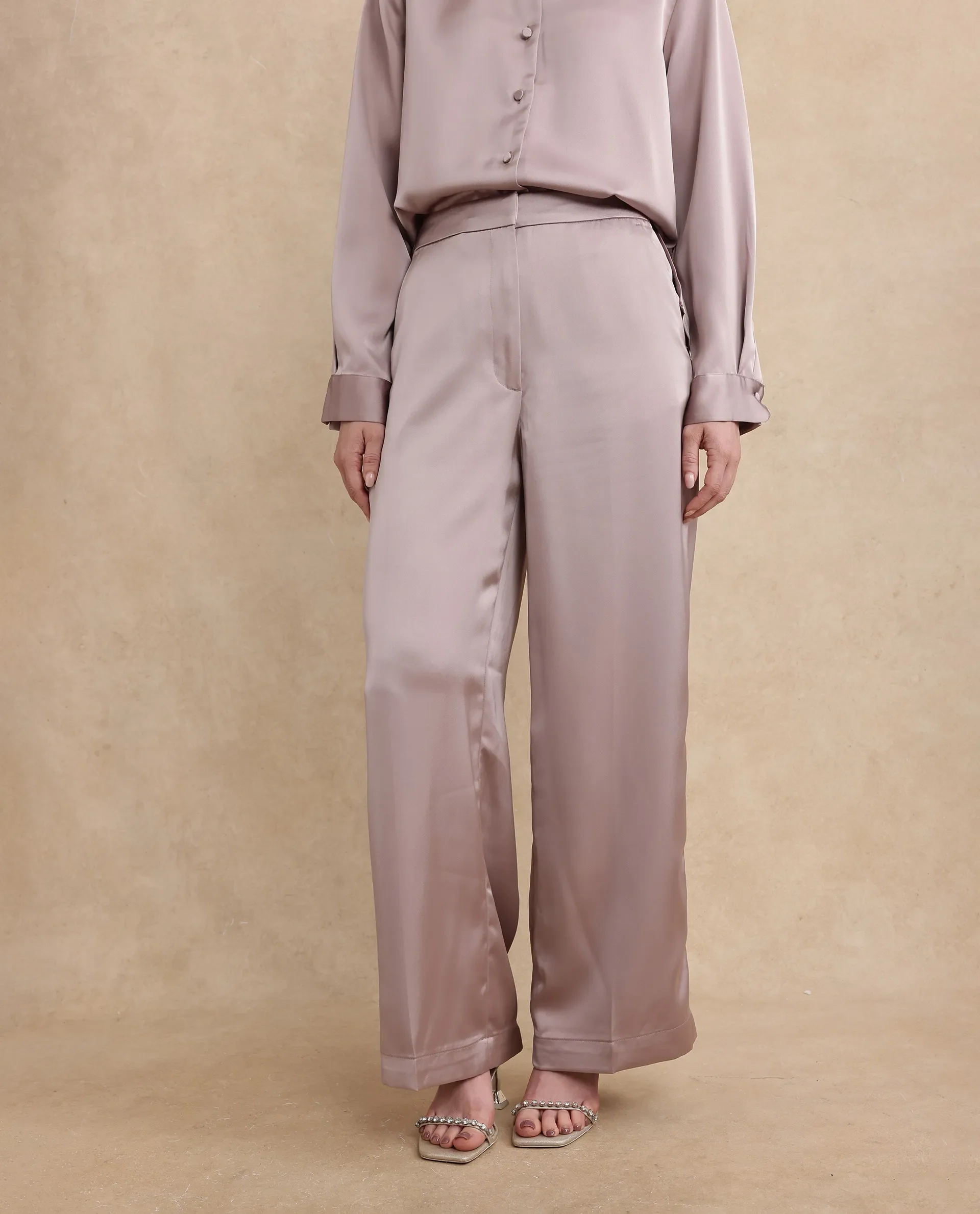 Rareism Women's Nevter B Dusky Beige Polyester Plain Ankle Length Straight Fit Trouser