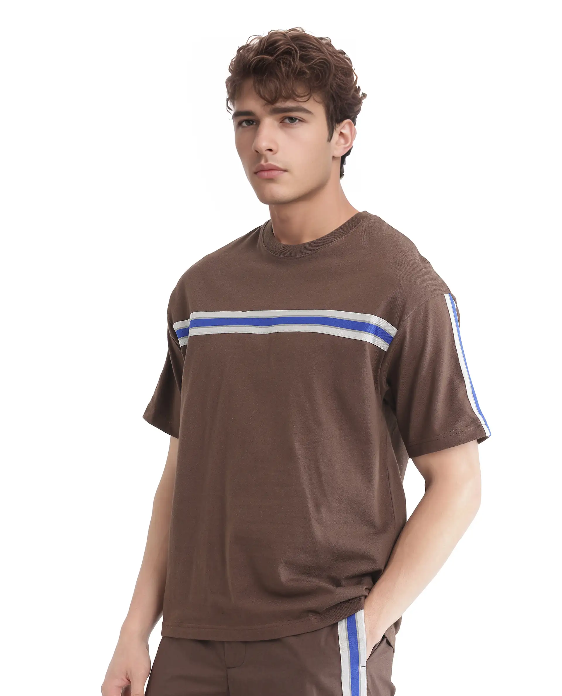 Rare Rabbit Men's Newnon-T Brown Cotton Printed Boxy Fit Half Sleeve Crew Neck T-Shirt - Image 3