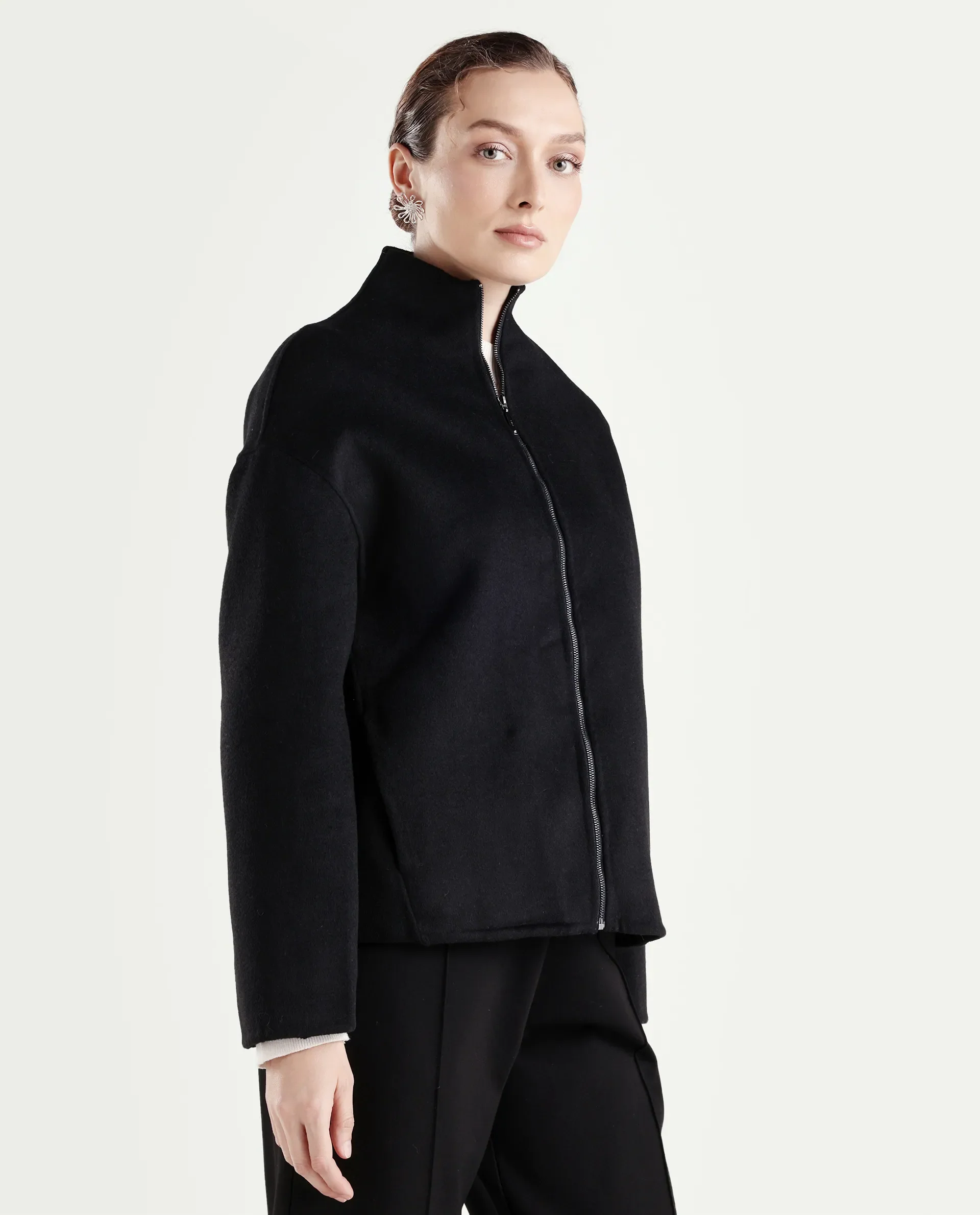 Rareism Women's Newool Black Polyester Blend High Neck Regular Fit Jacket - Image 6