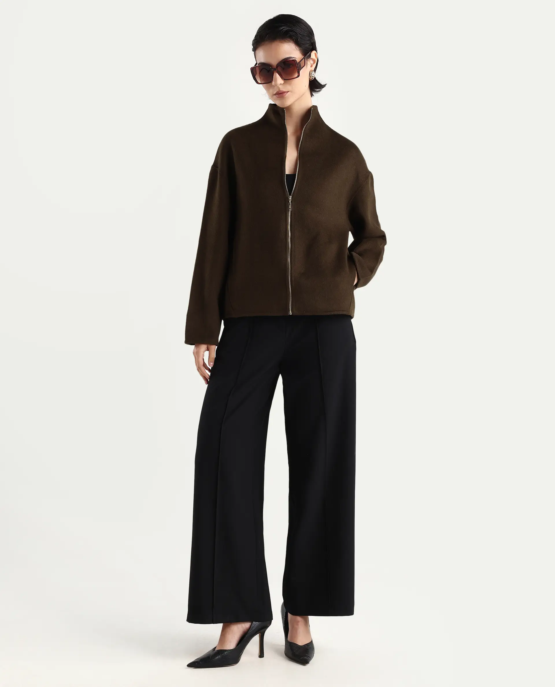 Rareism Women's Newool Olive Polyester Blend High Neck Regular Fit Jacket - Image 2