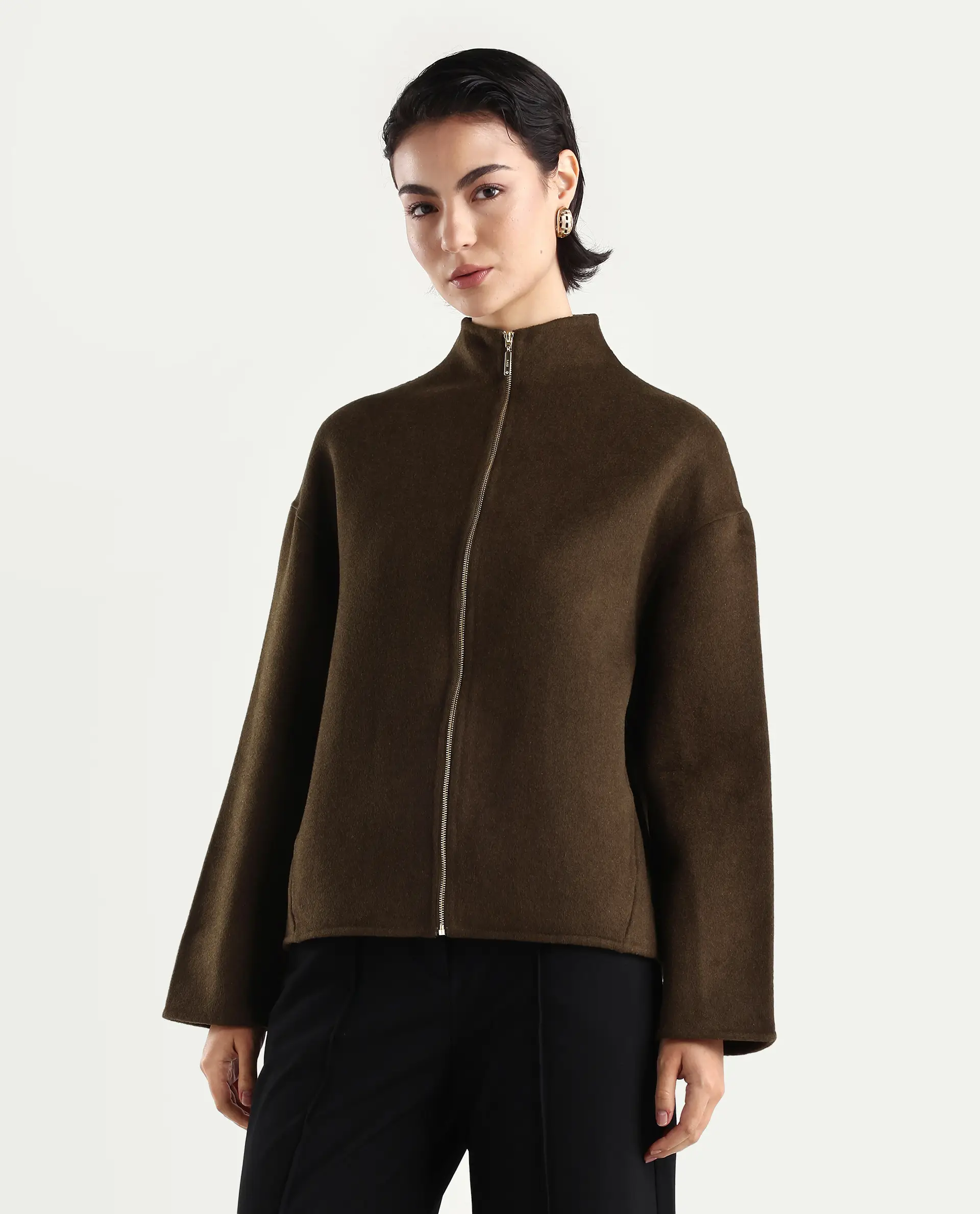 Rareism Women's Newool Olive Polyester Blend High Neck Regular Fit Jacket - Image 3