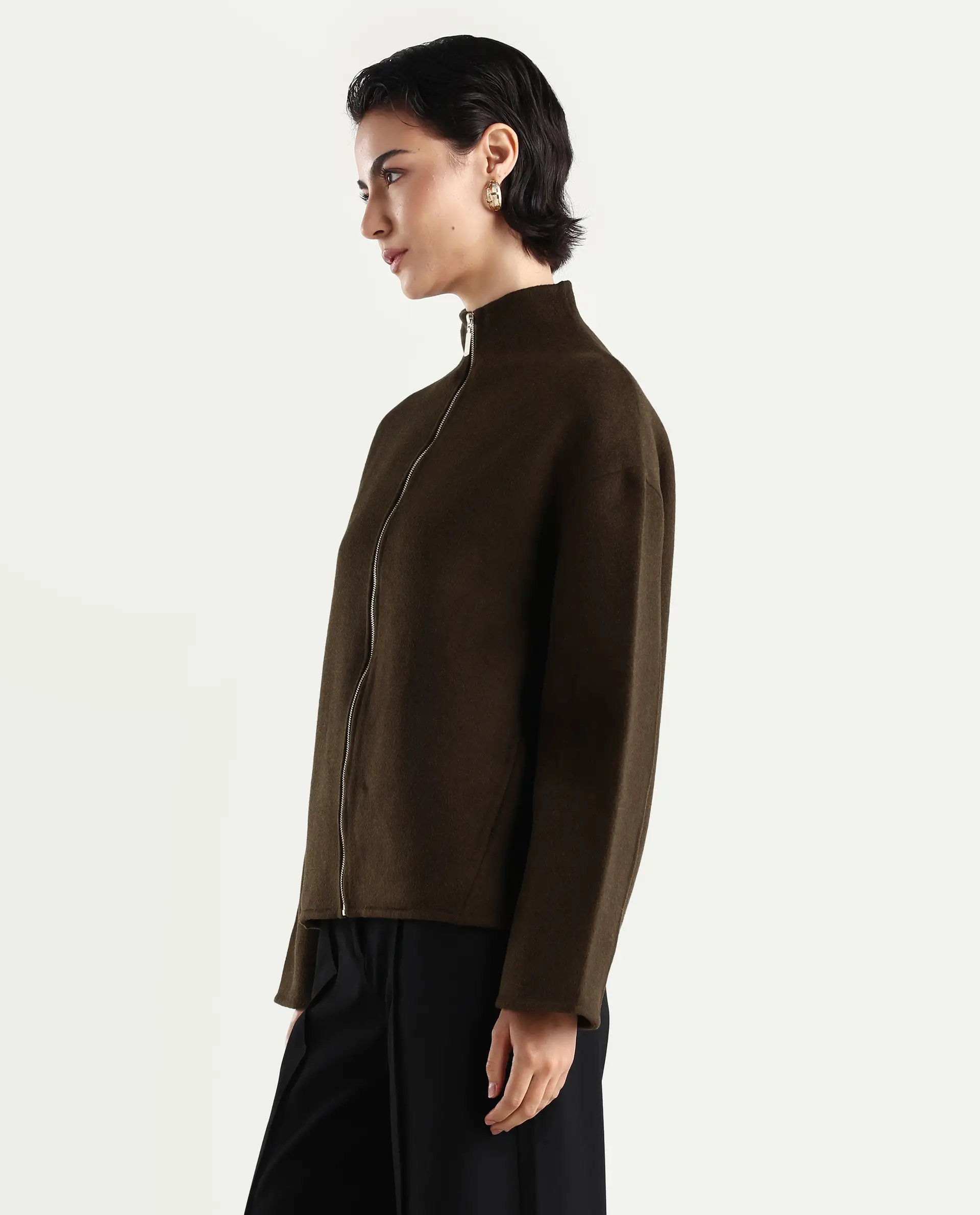 Rareism Women's Newool Olive Polyester Blend High Neck Regular Fit Jacket - Image 5