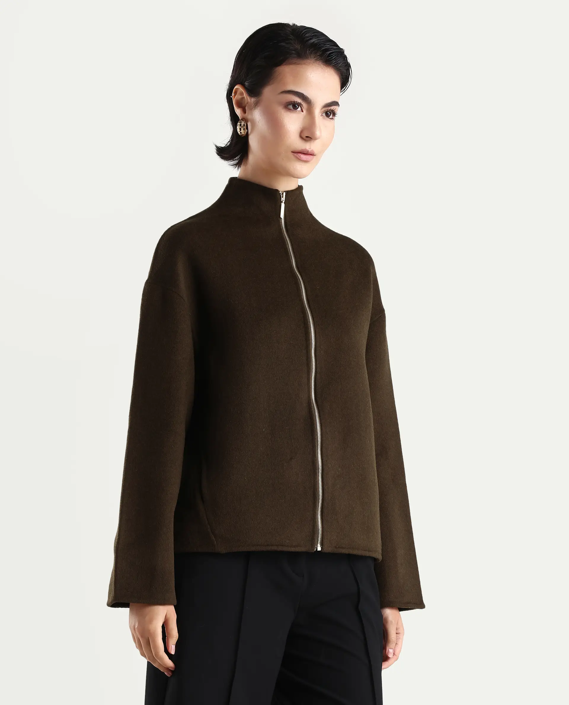 Rareism Women's Newool Olive Polyester Blend High Neck Regular Fit Jacket - Image 6