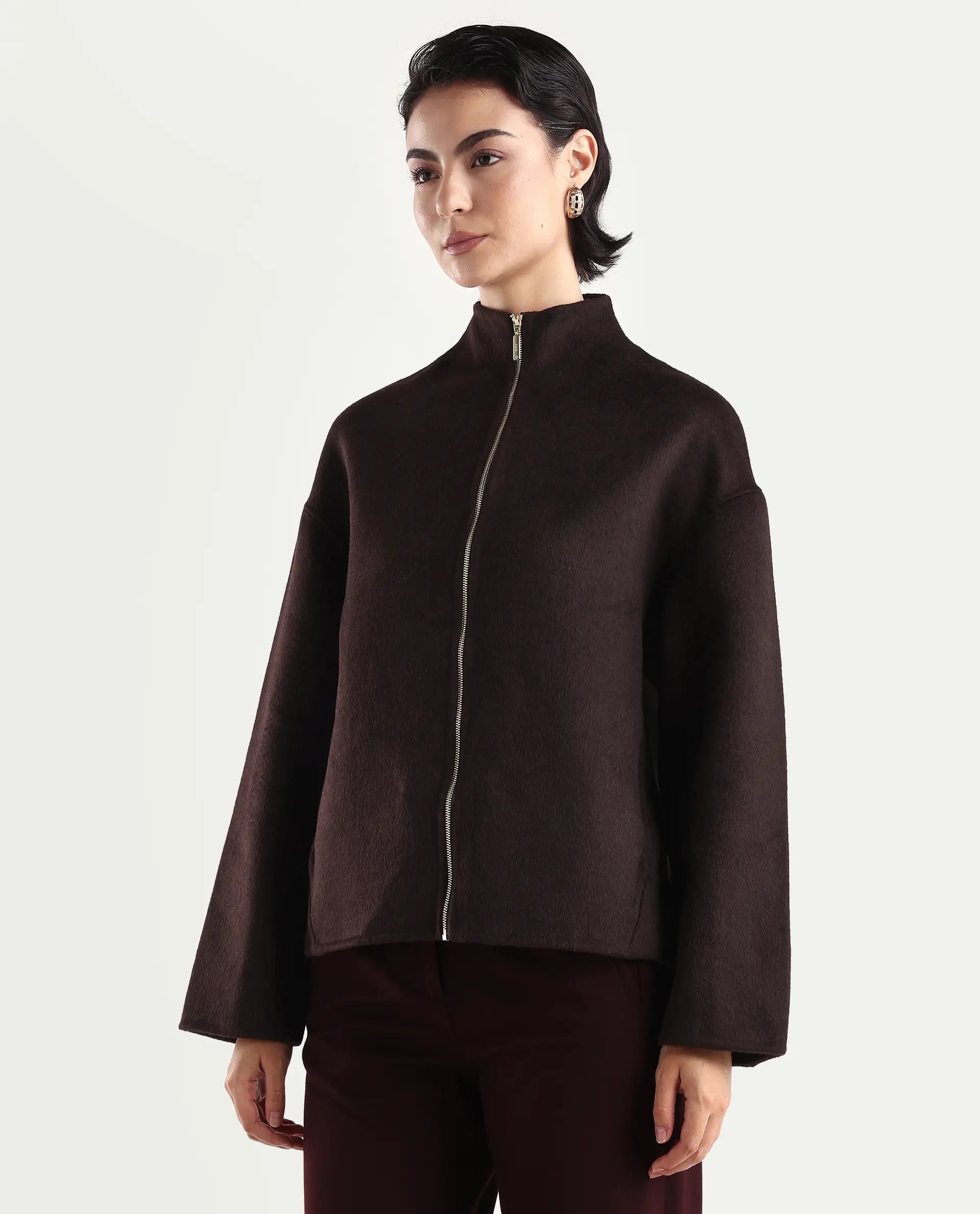 Rareism Women's Newool Prune Polyester Blend High Neck Regular Fit Jacket - Image 4