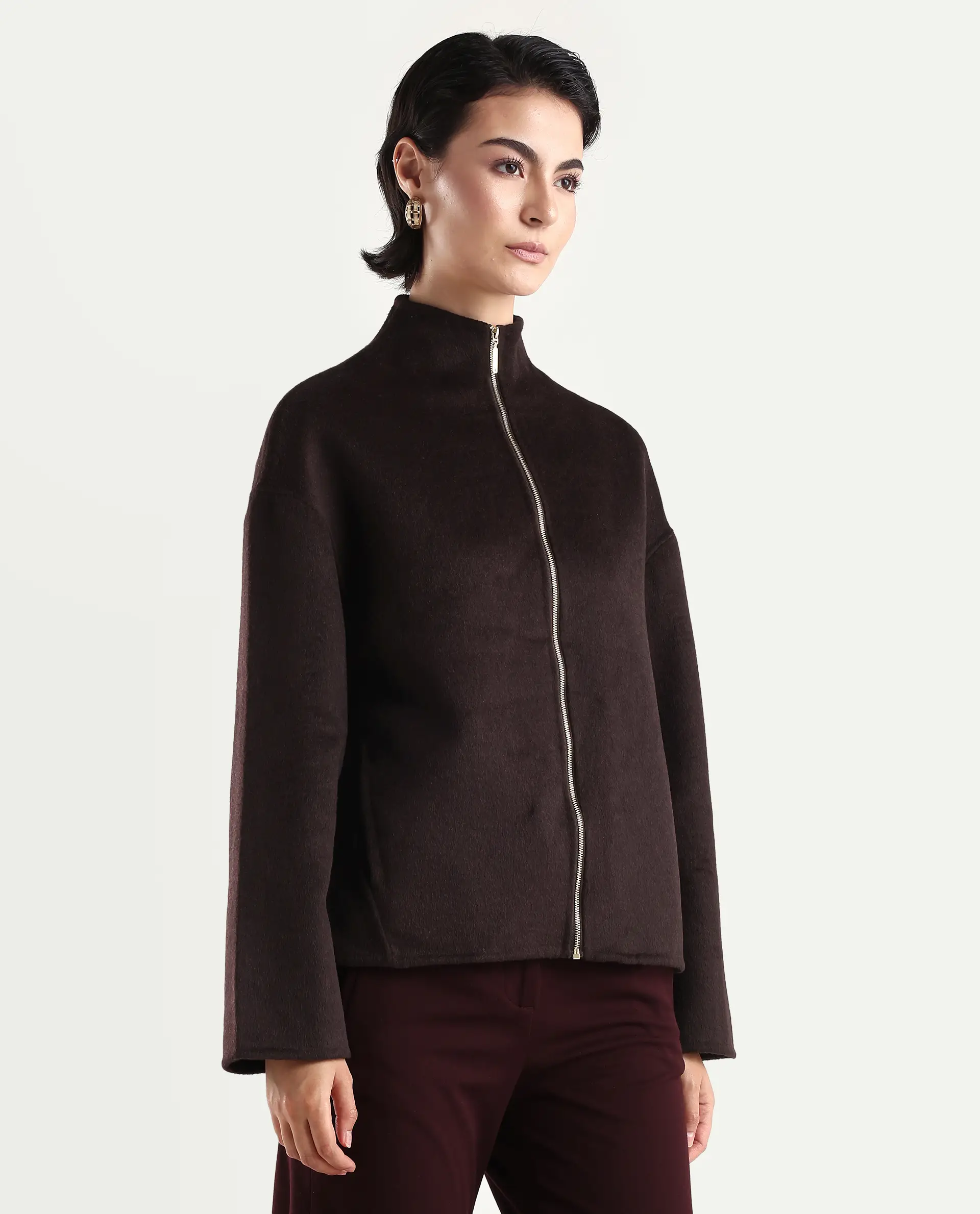 Rareism Women's Newool Prune Polyester Blend High Neck Regular Fit Jacket - Image 5