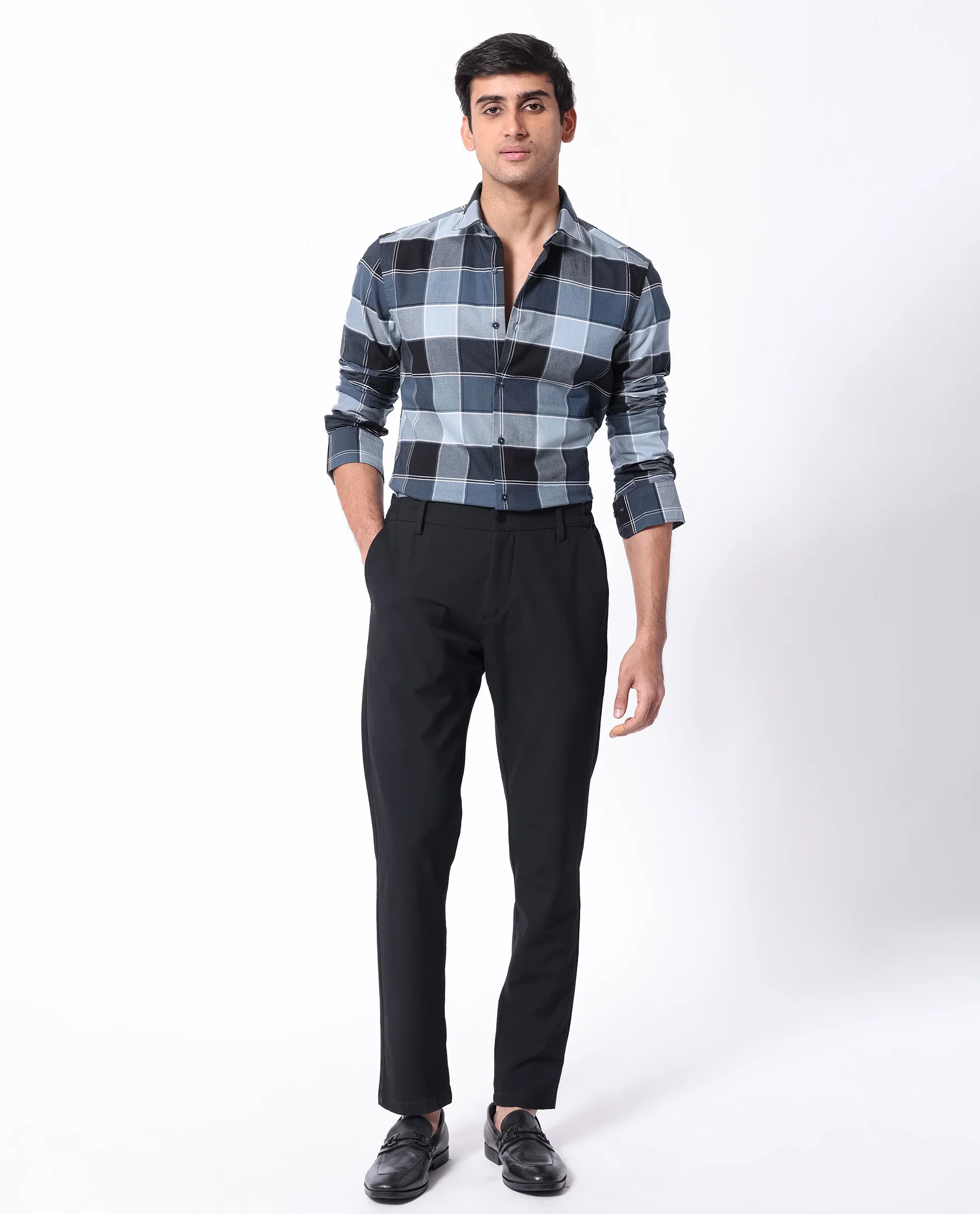 Rare Rabbit Men's Newton Dark Blue Cotton Checked Print Regular Fit Full Sleeve Collared Shirt - Image 2