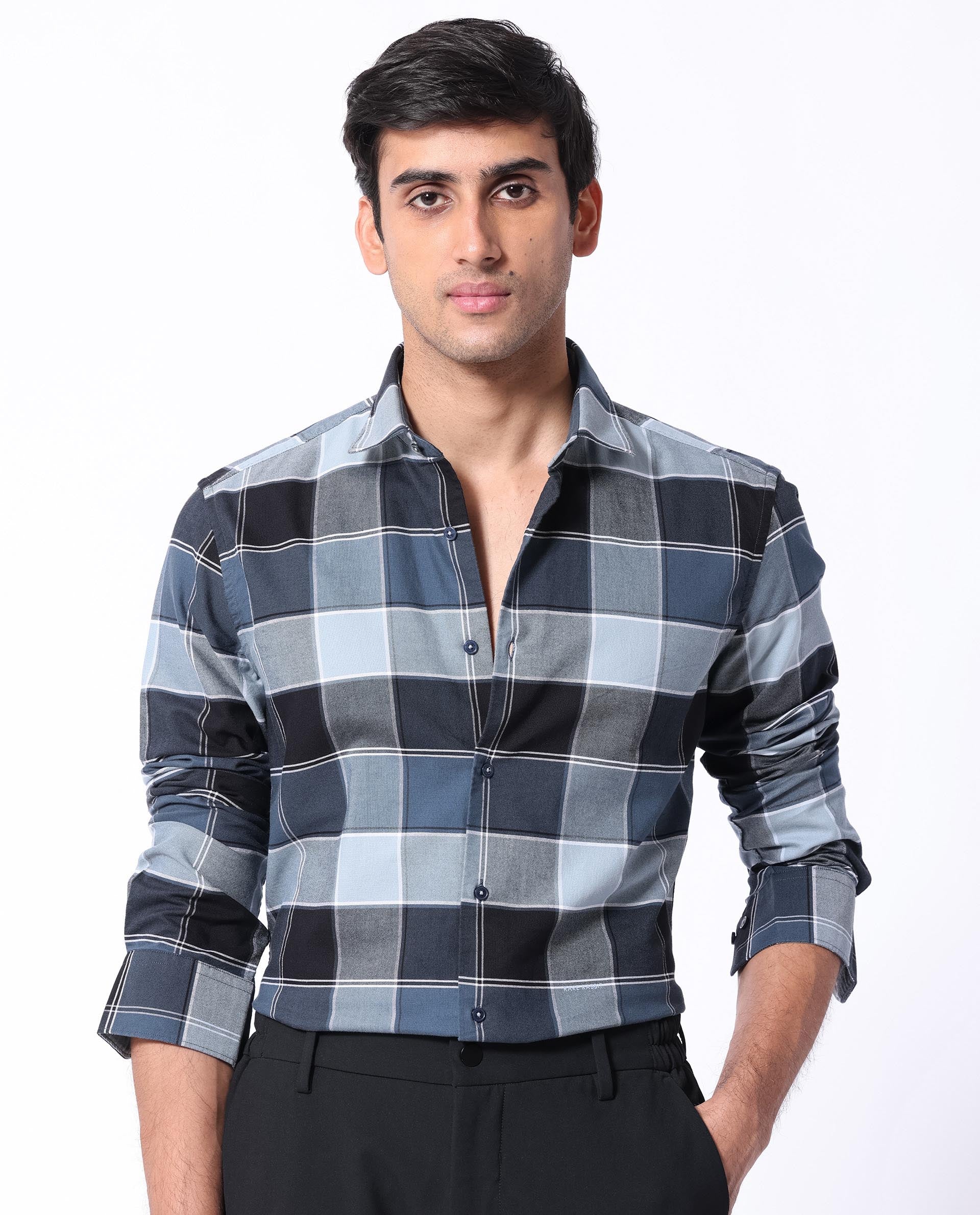 Rare Rabbit Men's Newton Dark Blue Cotton Checked Print Regular Fit Full Sleeve Collared Shirt - Image 3