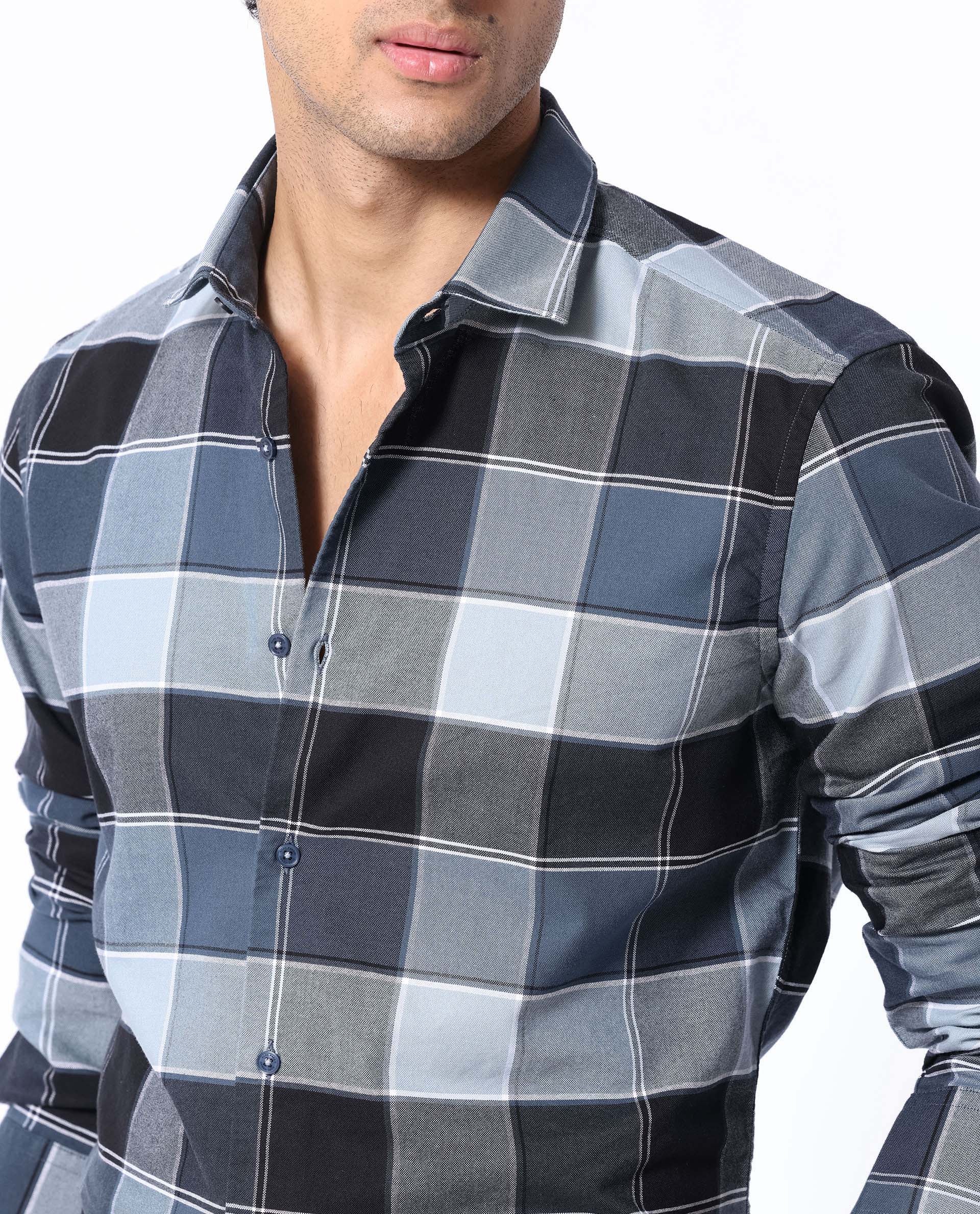 Rare Rabbit Men's Newton Dark Blue Cotton Checked Print Regular Fit Full Sleeve Collared Shirt - Image 4