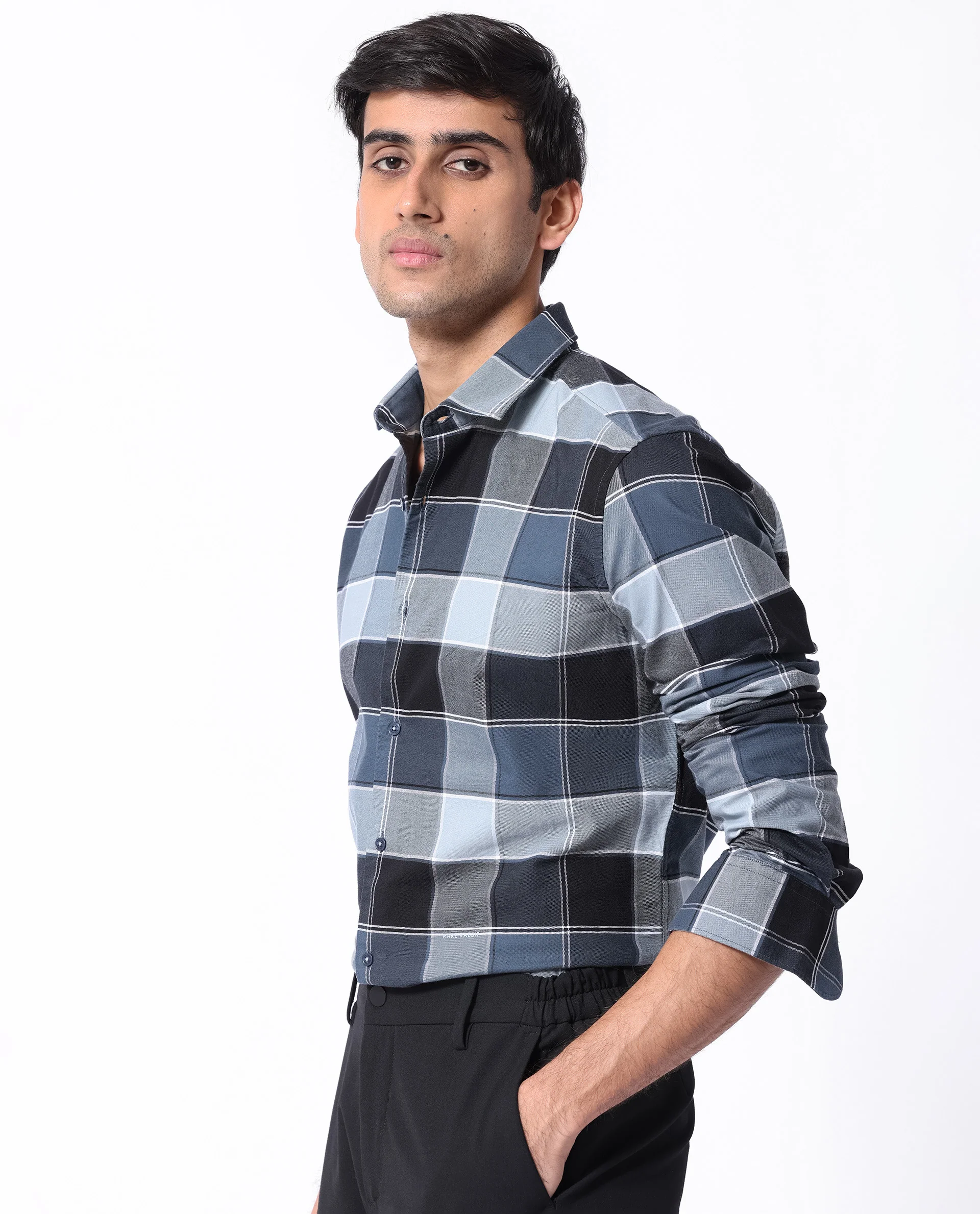 Rare Rabbit Men's Newton Dark Blue Cotton Checked Print Regular Fit Full Sleeve Collared Shirt - Image 7