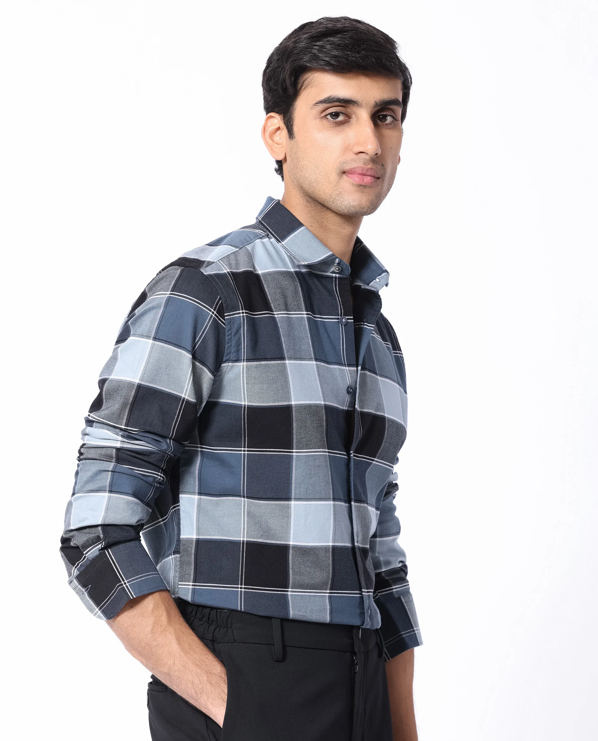 Rare Rabbit Men's Newton Dark Blue Cotton Checked Print Regular Fit Full Sleeve Collared Shirt - Image 8