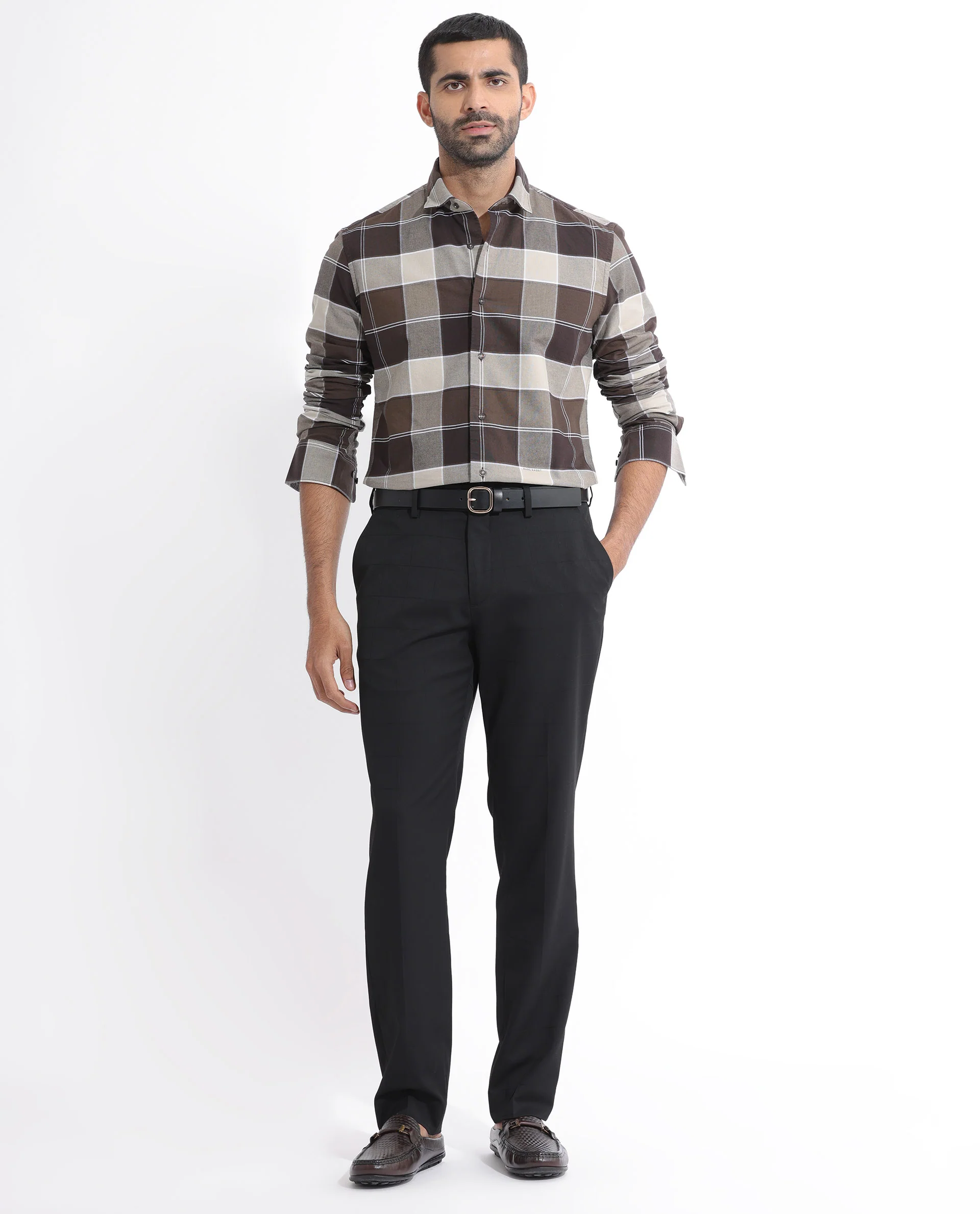 Rare Rabbit Men's Newton Dark Brown Cotton Checked Print Regular Fit Full Sleeve Collared Shirt - Image 2