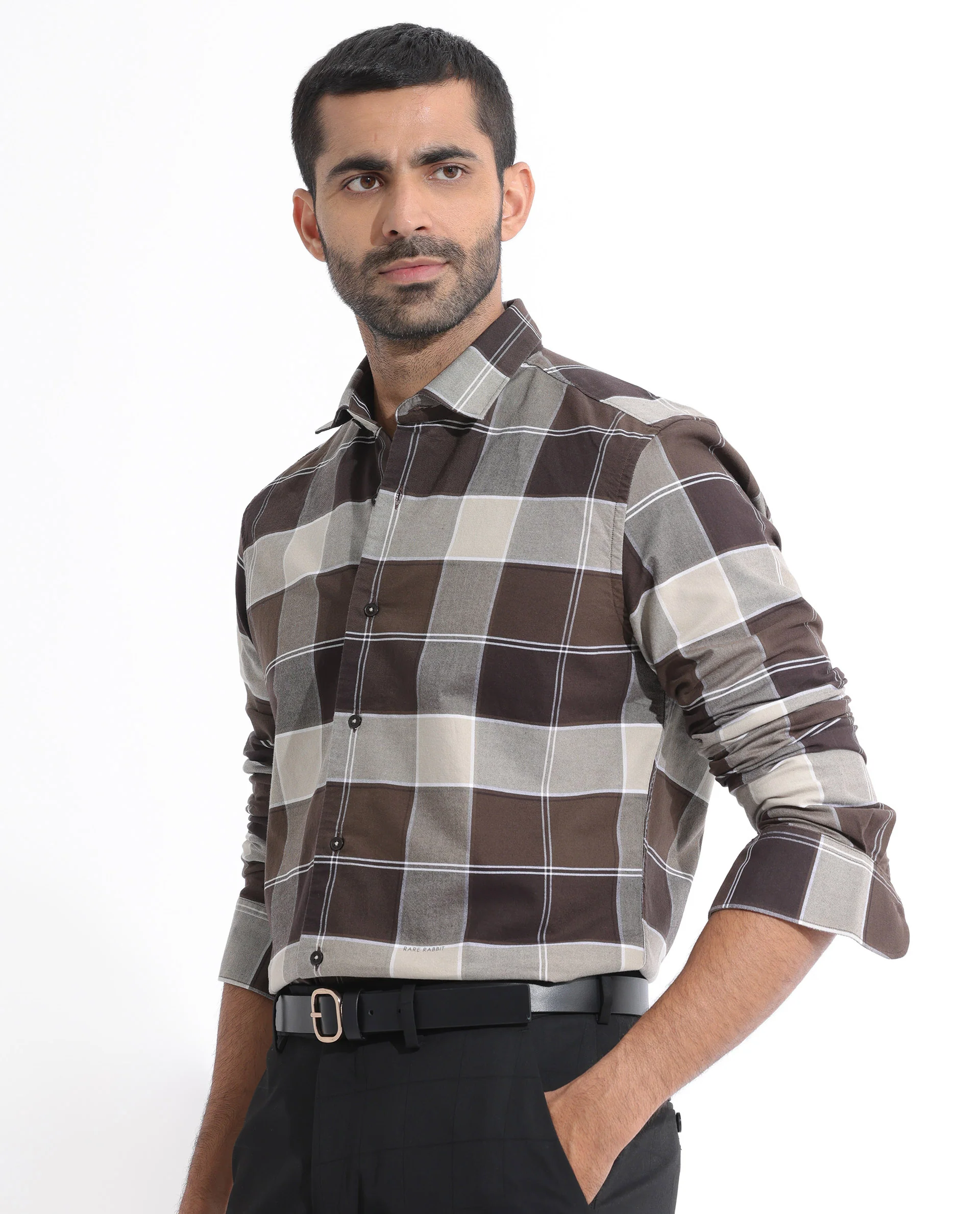 Rare Rabbit Men's Newton Dark Brown Cotton Checked Print Regular Fit Full Sleeve Collared Shirt - Image 3