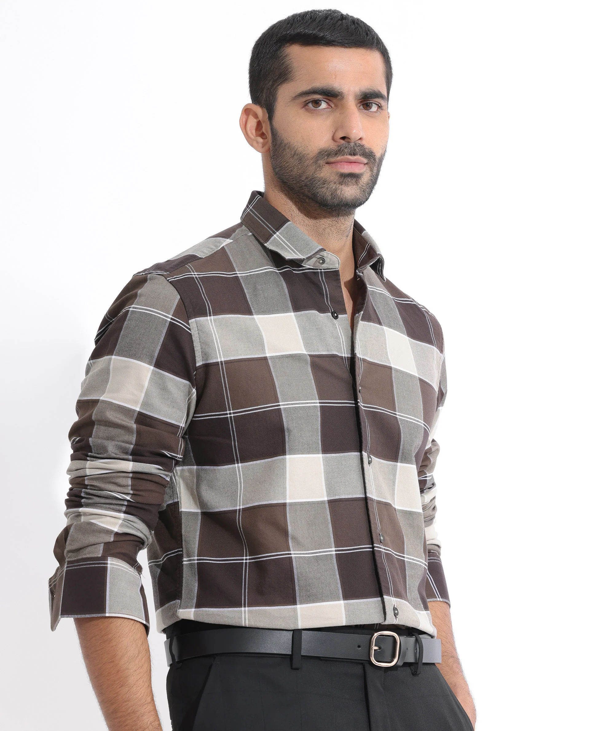 Rare Rabbit Men's Newton Dark Brown Cotton Checked Print Regular Fit Full Sleeve Collared Shirt - Image 7