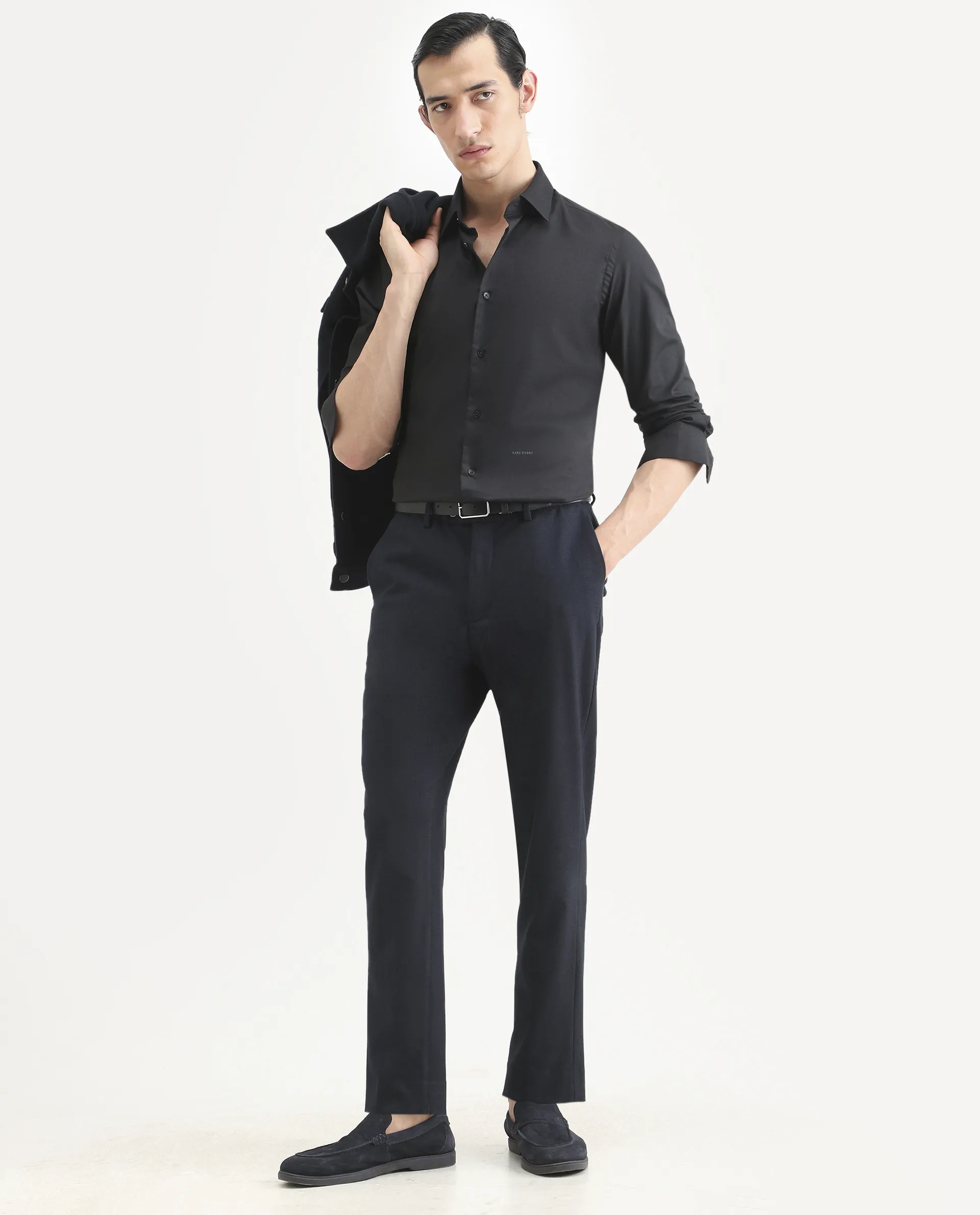 Rare Rabbit Men's Newton 25 Black Cotton Blend Plain Regular Fit Full Sleeve Collared Shirt - Image 2