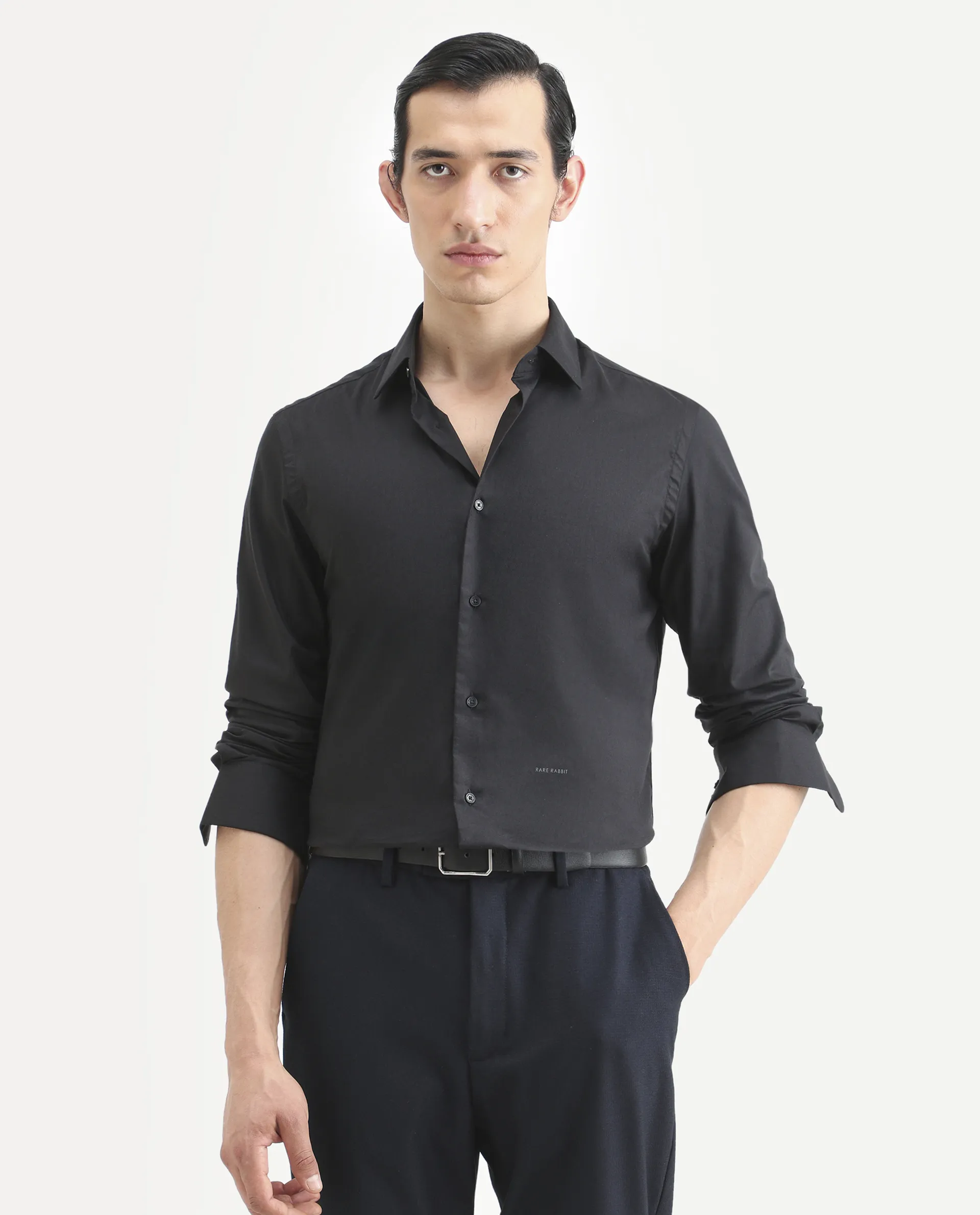 Rare Rabbit Men's Newton 25 Black Cotton Blend Plain Regular Fit Full Sleeve Collared Shirt - Image 3