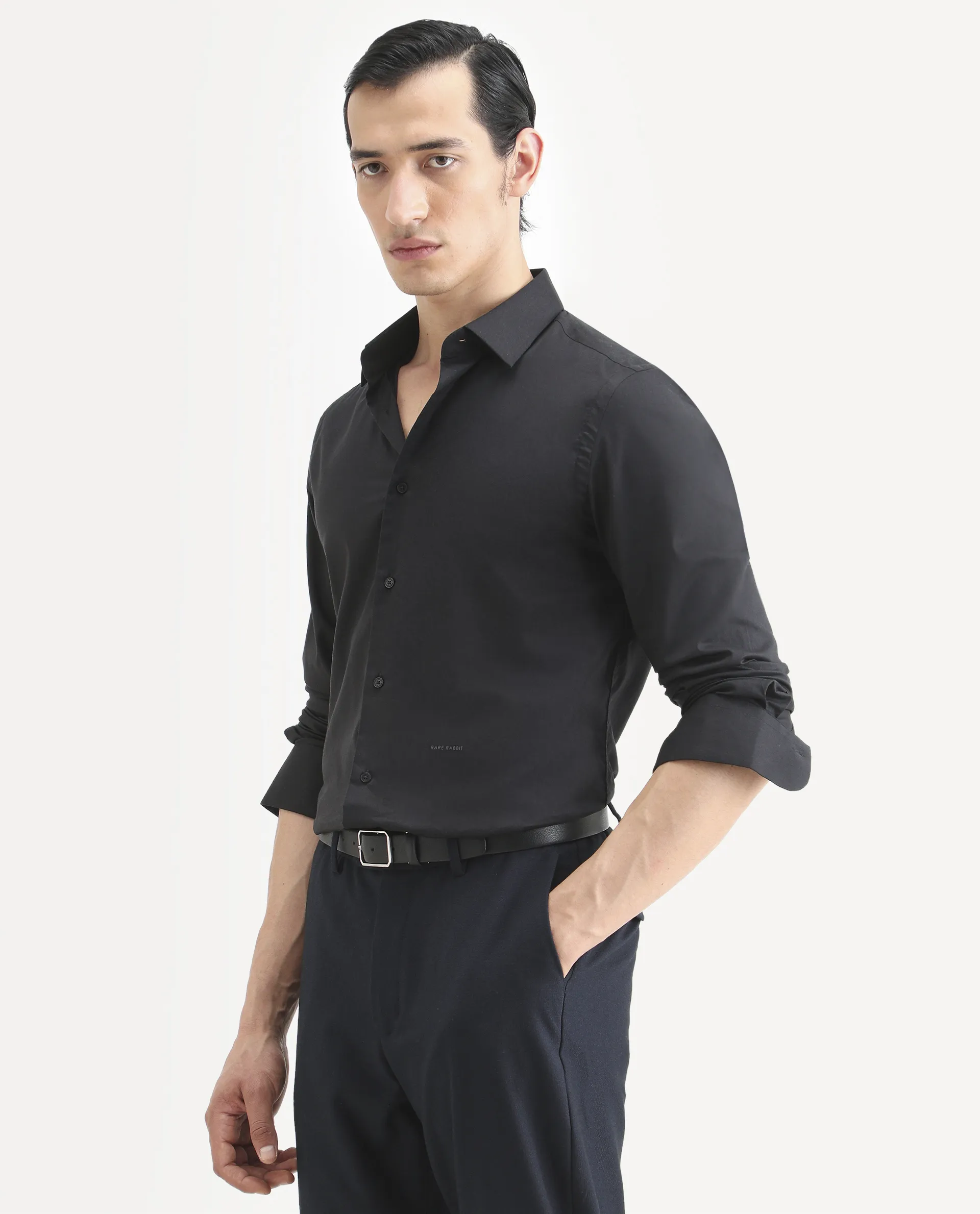 Rare Rabbit Men's Newton 25 Black Cotton Blend Plain Regular Fit Full Sleeve Collared Shirt - Image 5