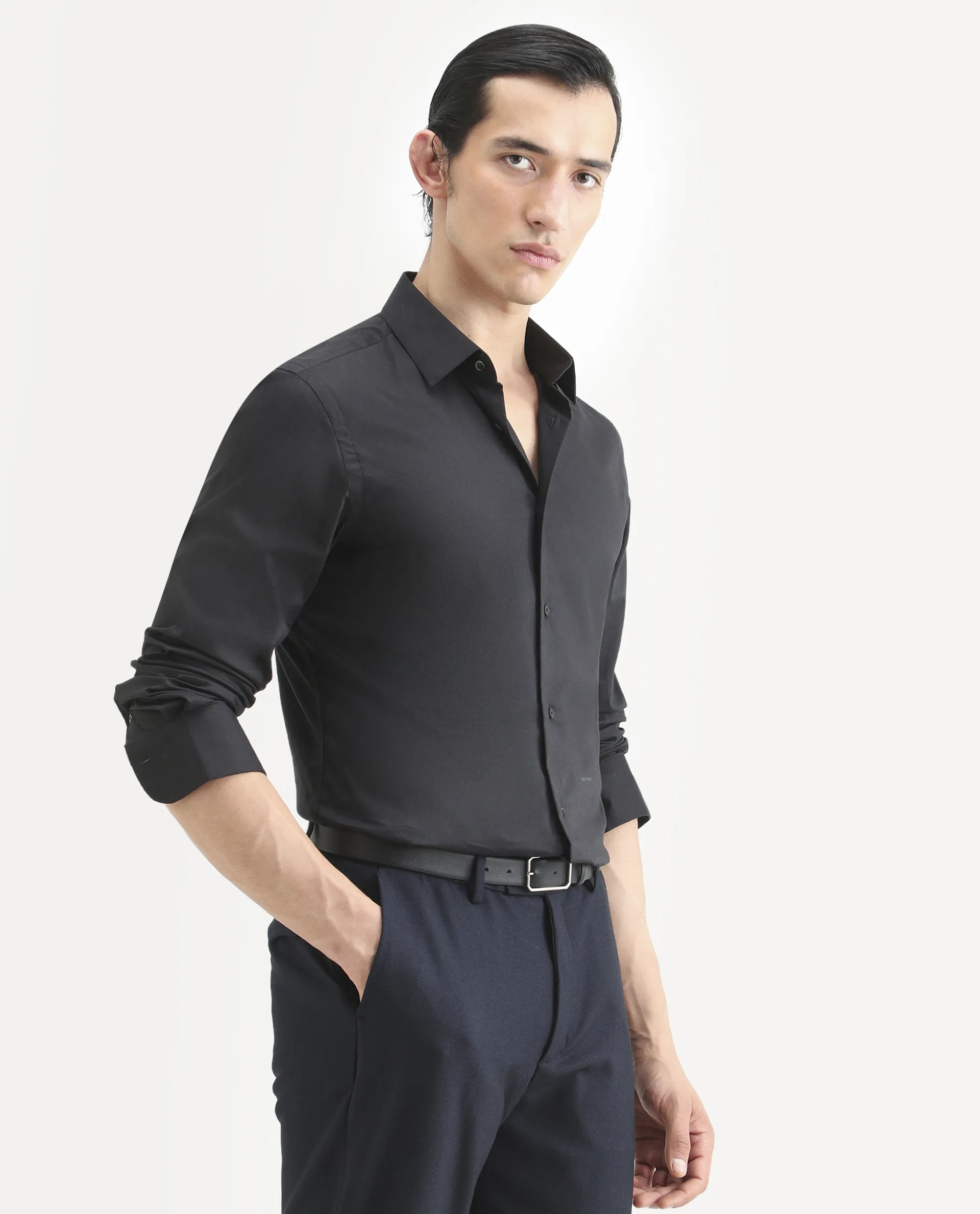 Rare Rabbit Men's Newton 25 Black Cotton Blend Plain Regular Fit Full Sleeve Collared Shirt - Image 6