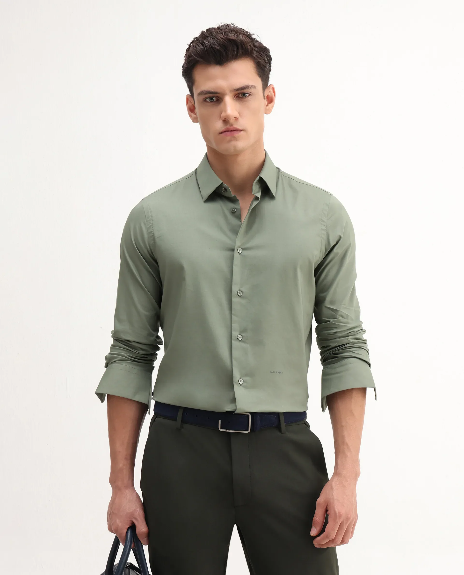 Rare Rabbit Men's Newton 25 Olive Cotton Blend Plain Regular Fit Full Sleeve Collared Shirt