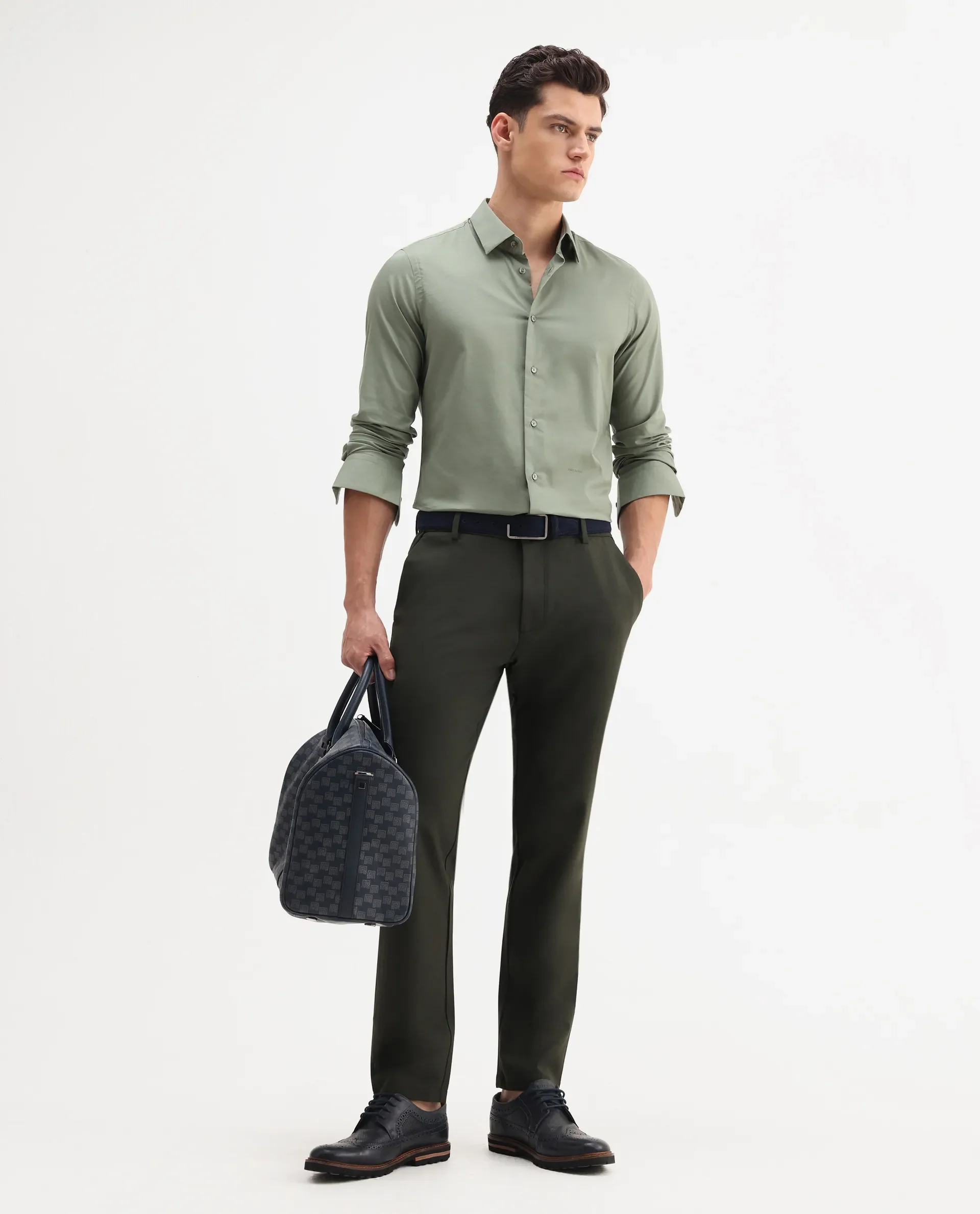 Rare Rabbit Men's Newton 25 Olive Cotton Blend Plain Regular Fit Full Sleeve Collared Shirt - Image 2