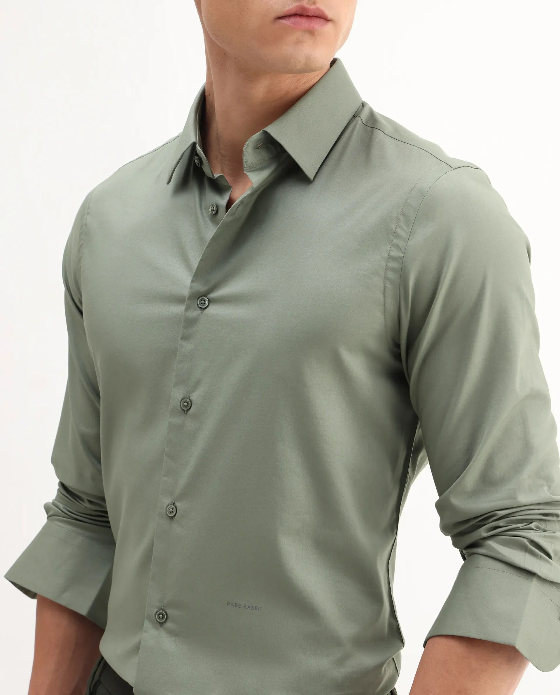Rare Rabbit Men's Newton 25 Olive Cotton Blend Plain Regular Fit Full Sleeve Collared Shirt - Image 3