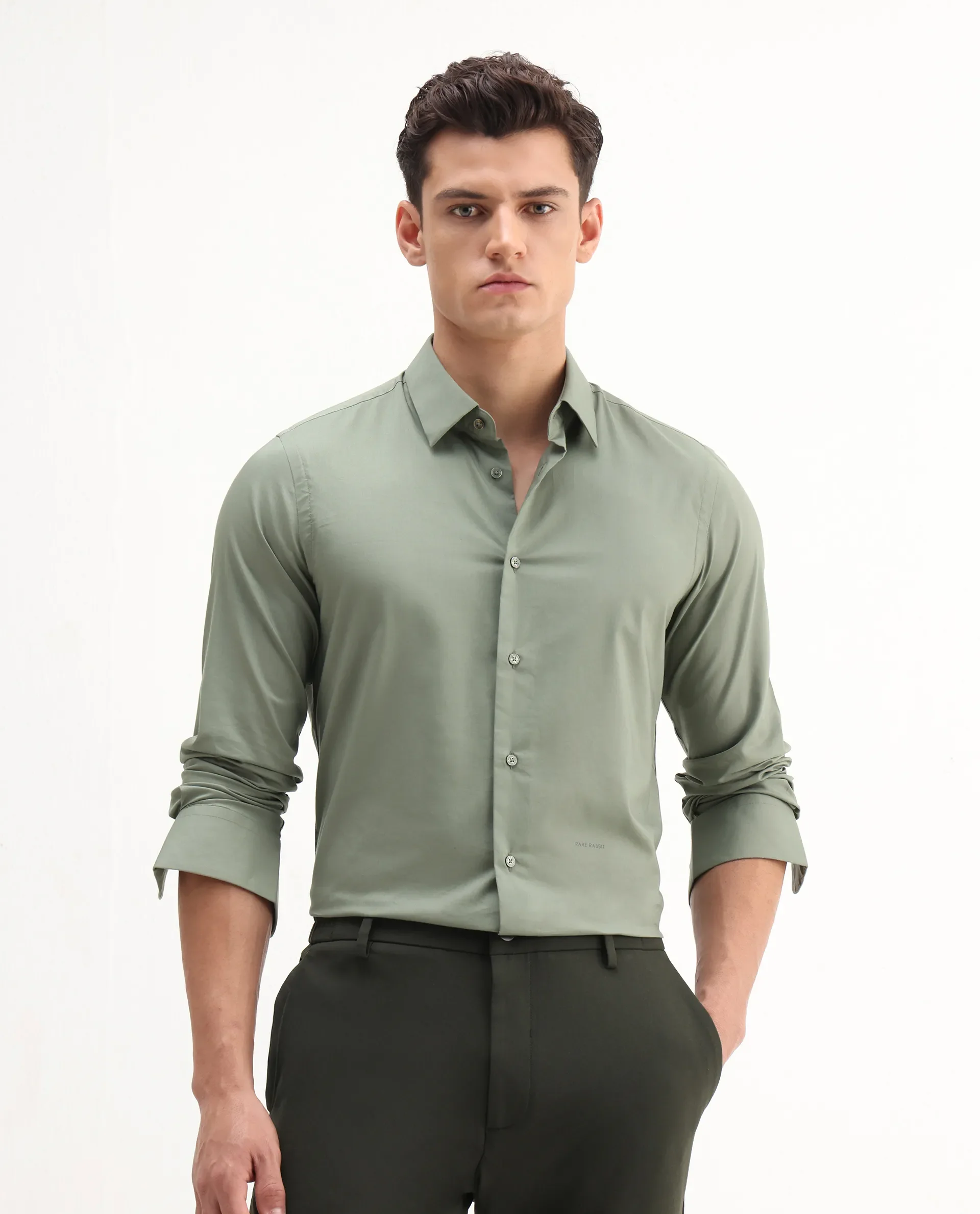 Rare Rabbit Men's Newton 25 Olive Cotton Blend Plain Regular Fit Full Sleeve Collared Shirt - Image 4