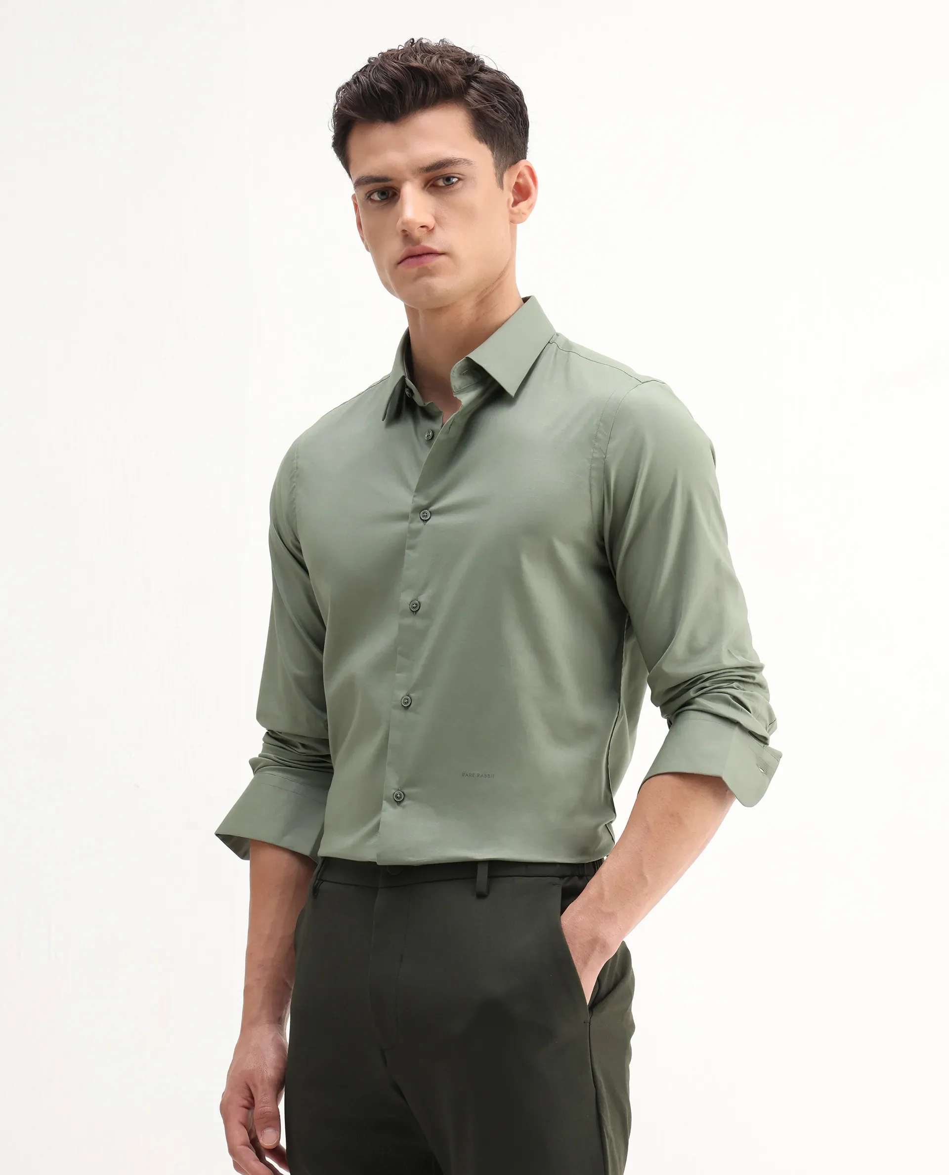 Rare Rabbit Men's Newton 25 Olive Cotton Blend Plain Regular Fit Full Sleeve Collared Shirt - Image 5