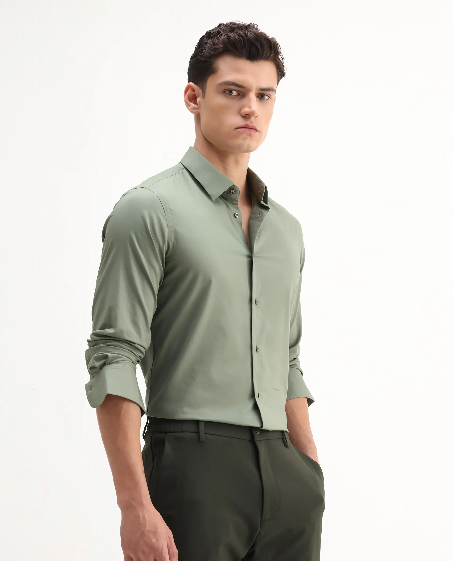Rare Rabbit Men's Newton 25 Olive Cotton Blend Plain Regular Fit Full Sleeve Collared Shirt - Image 6