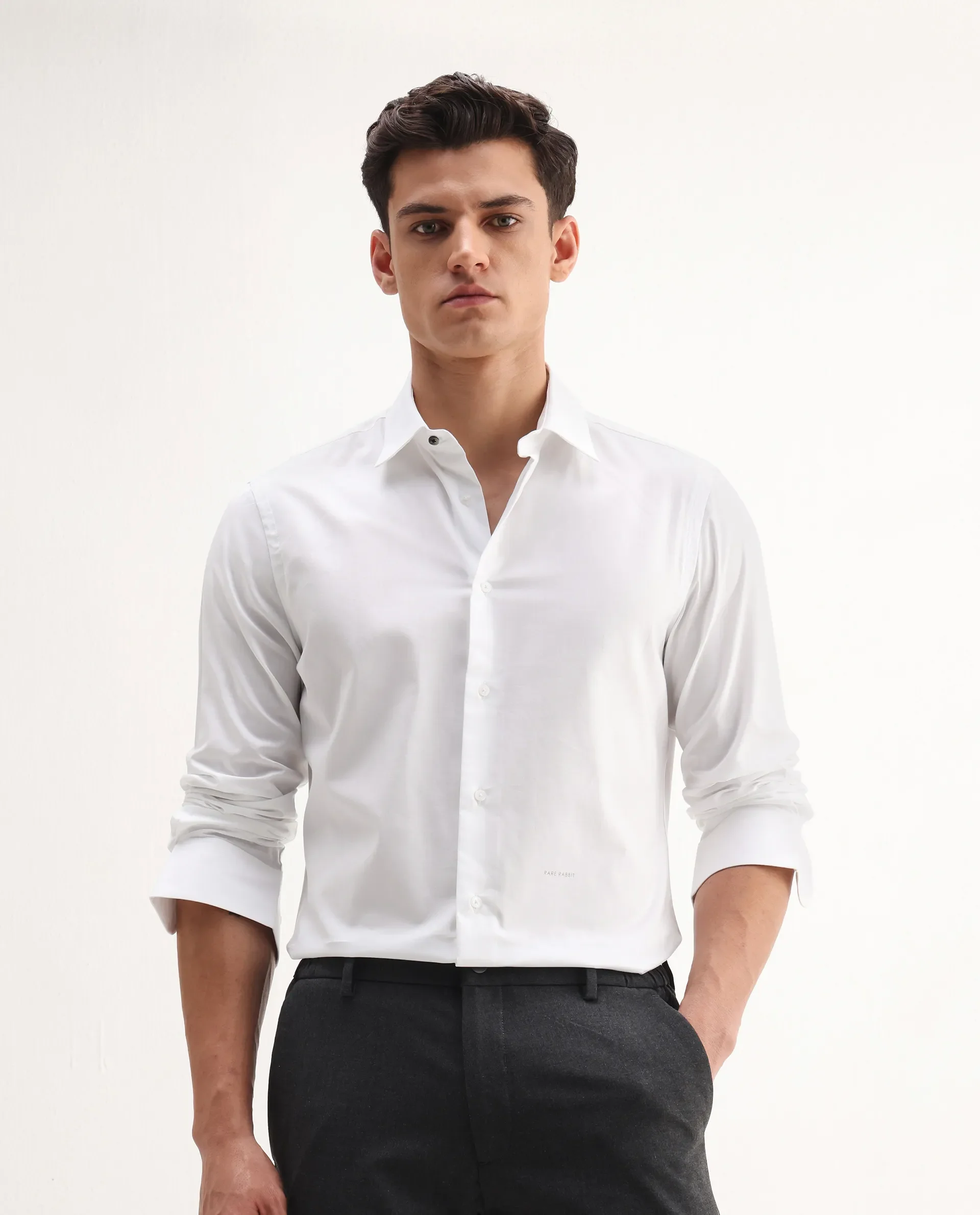 Rare Rabbit Men's Newton 25 White Cotton Blend Plain Regular Fit Full Sleeve Collared Shirt - Image 4