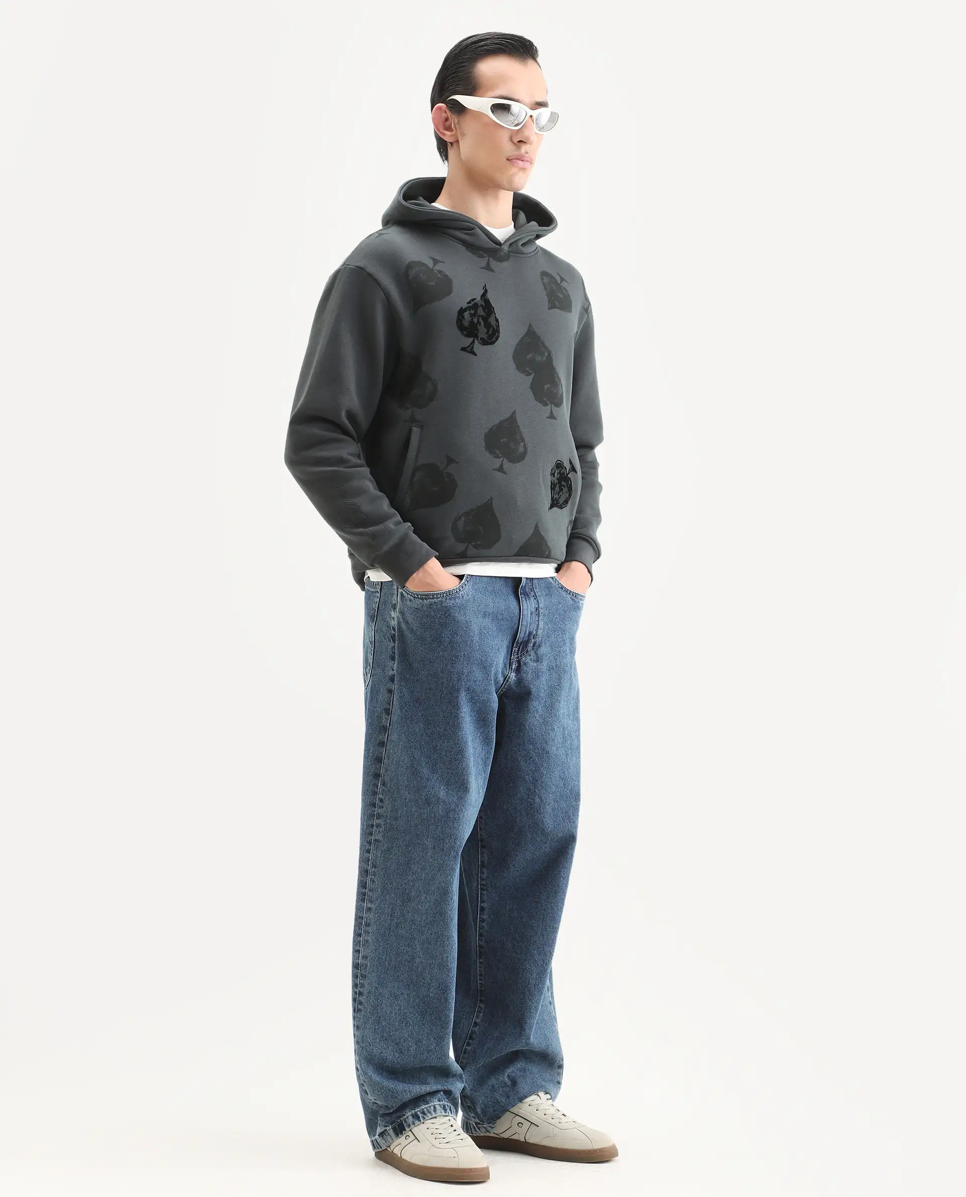 Rare Rabbit Men's Nexa Dark Grey Cotton Blend Graphic Print Relaxed Fit Full Sleeve Hooded Sweatshirt - Image 2