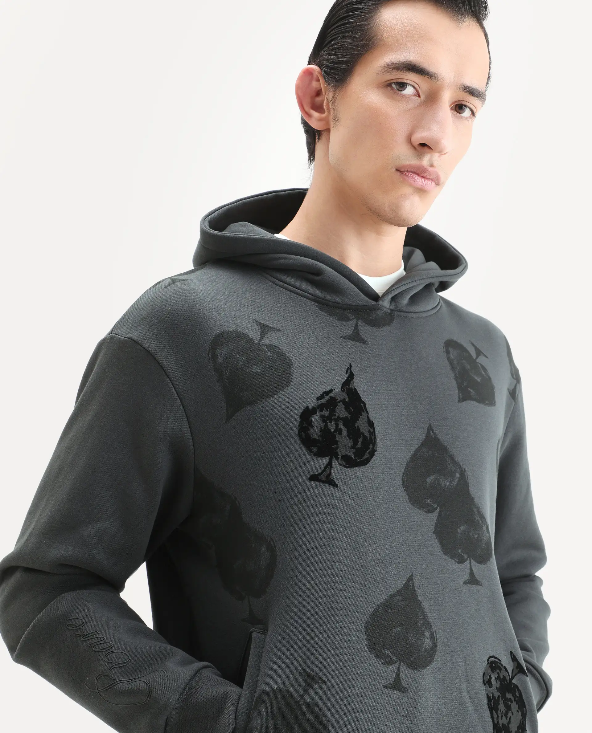 Rare Rabbit Men's Nexa Dark Grey Cotton Blend Graphic Print Relaxed Fit Full Sleeve Hooded Sweatshirt - Image 3