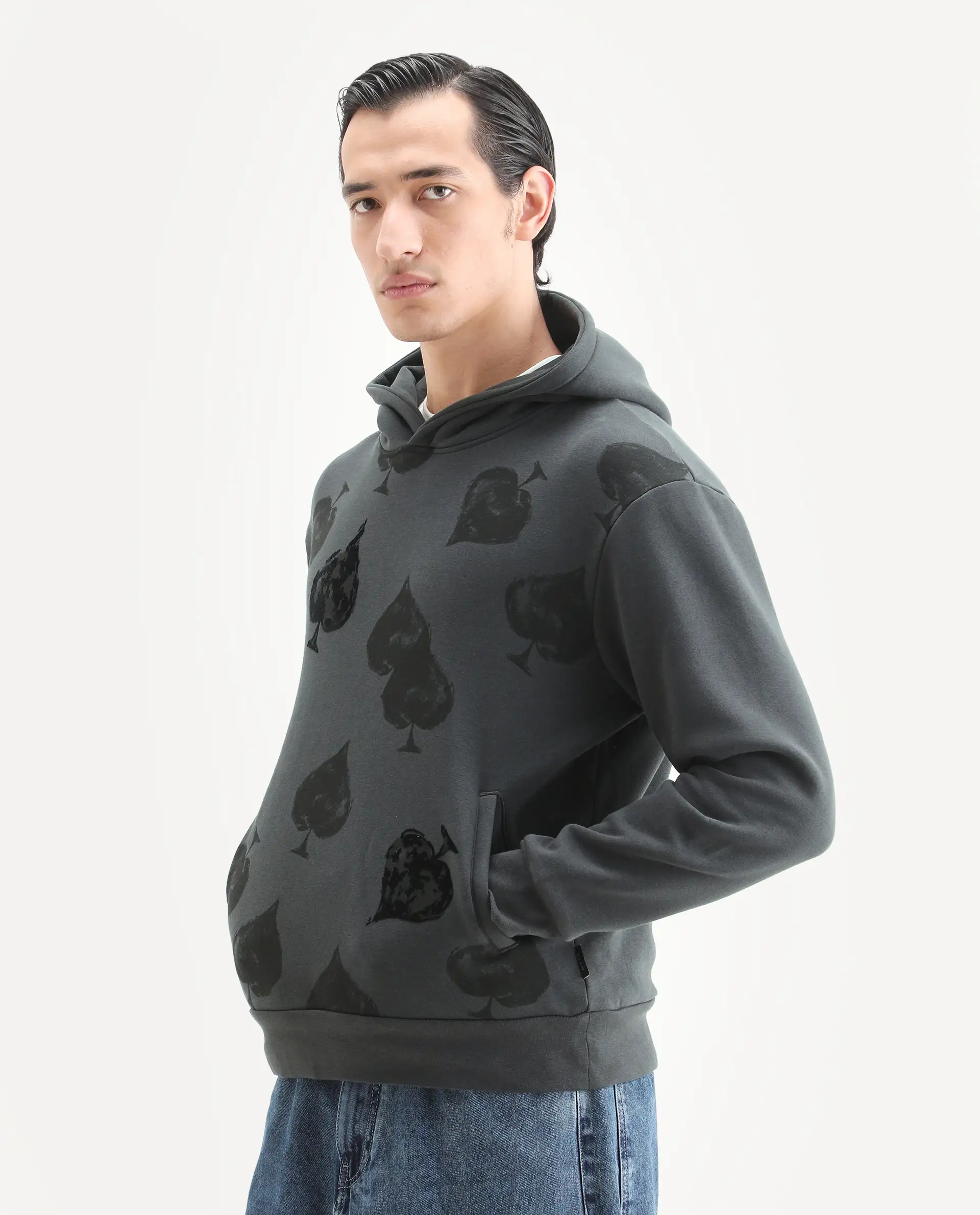 Rare Rabbit Men's Nexa Dark Grey Cotton Blend Graphic Print Relaxed Fit Full Sleeve Hooded Sweatshirt - Image 4