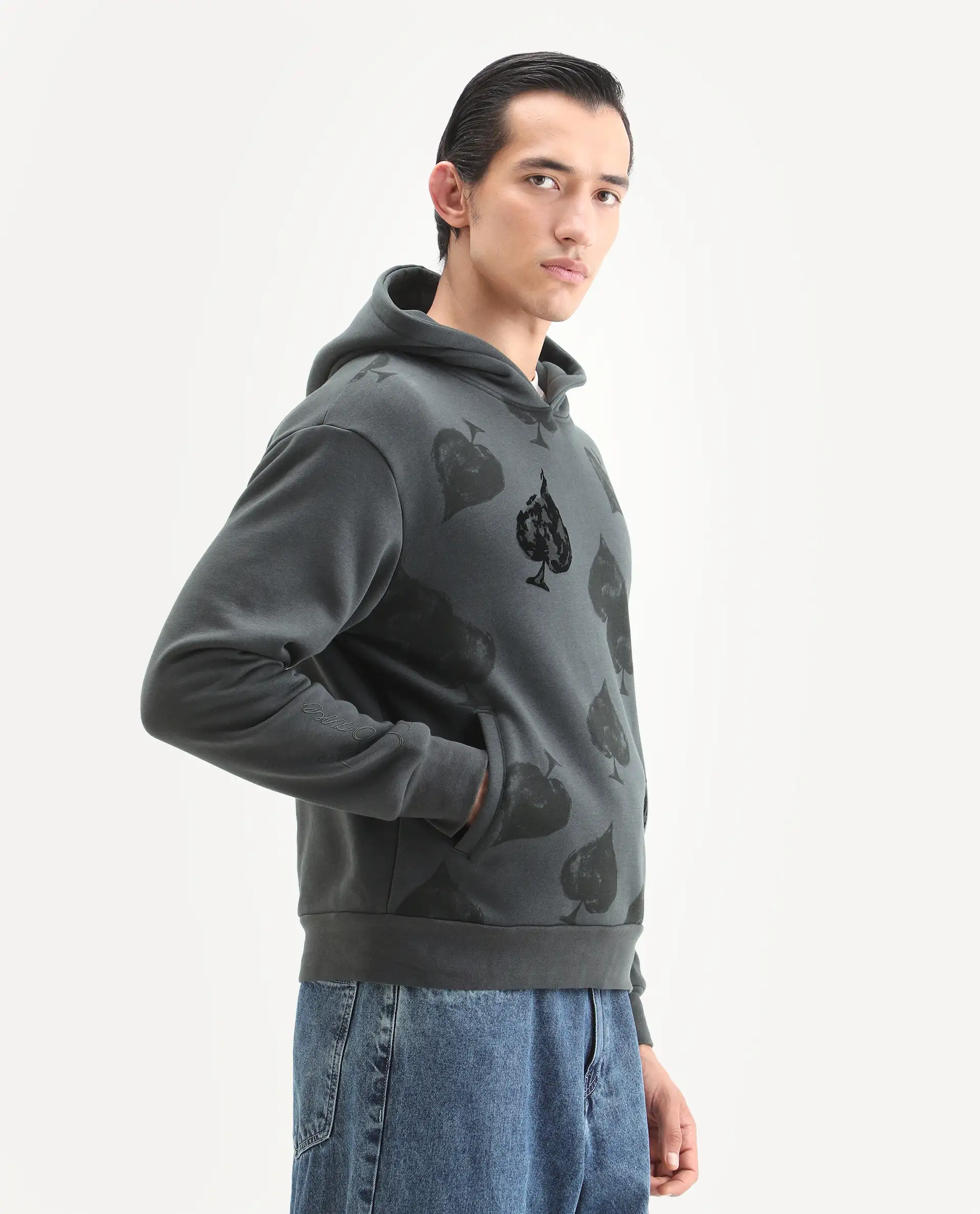 Rare Rabbit Men's Nexa Dark Grey Cotton Blend Graphic Print Relaxed Fit Full Sleeve Hooded Sweatshirt - Image 5