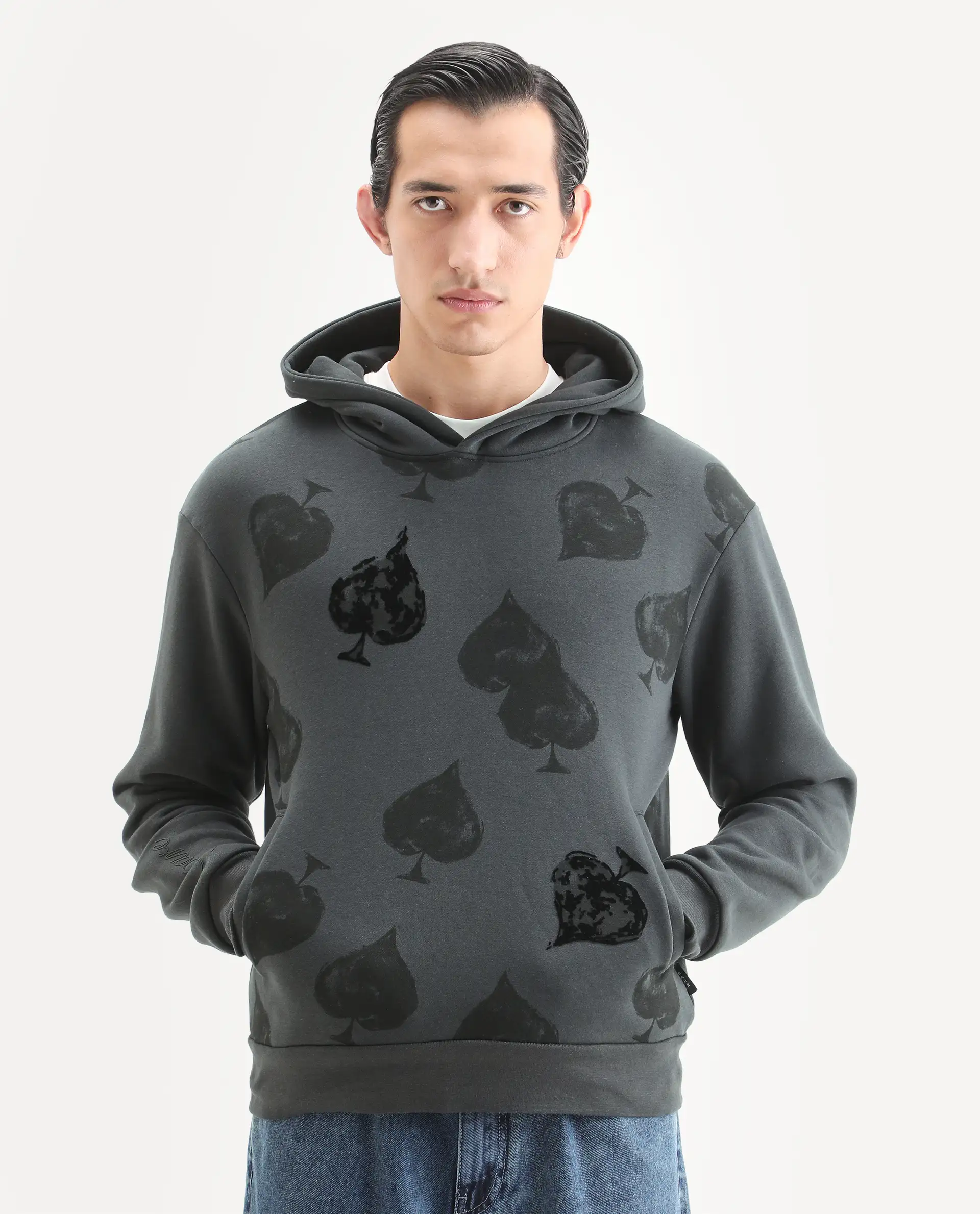 Rare Rabbit Men's Nexa Dark Grey Cotton Blend Graphic Print Relaxed Fit Full Sleeve Hooded Sweatshirt - Image 6