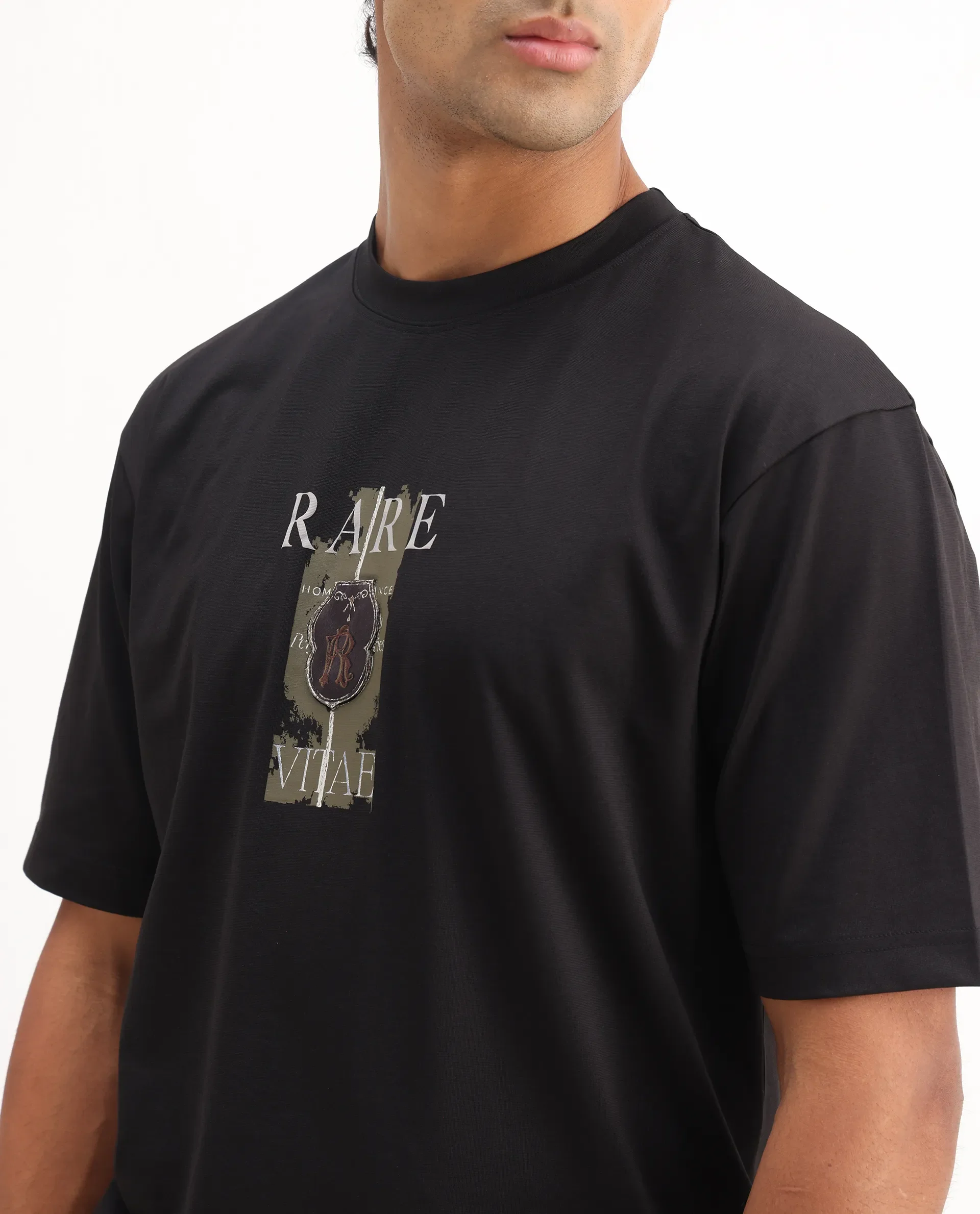 Rare Rabbit Men's Nexat Black Cotton Blend Graphic Print Regular Fit Half Sleeve Crew Neck T-Shirt - Image 3