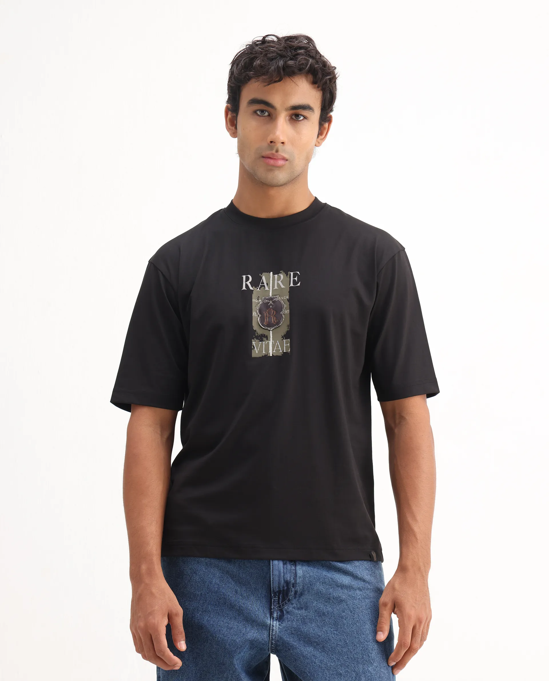 Rare Rabbit Men's Nexat Black Cotton Blend Graphic Print Regular Fit Half Sleeve Crew Neck T-Shirt - Image 4
