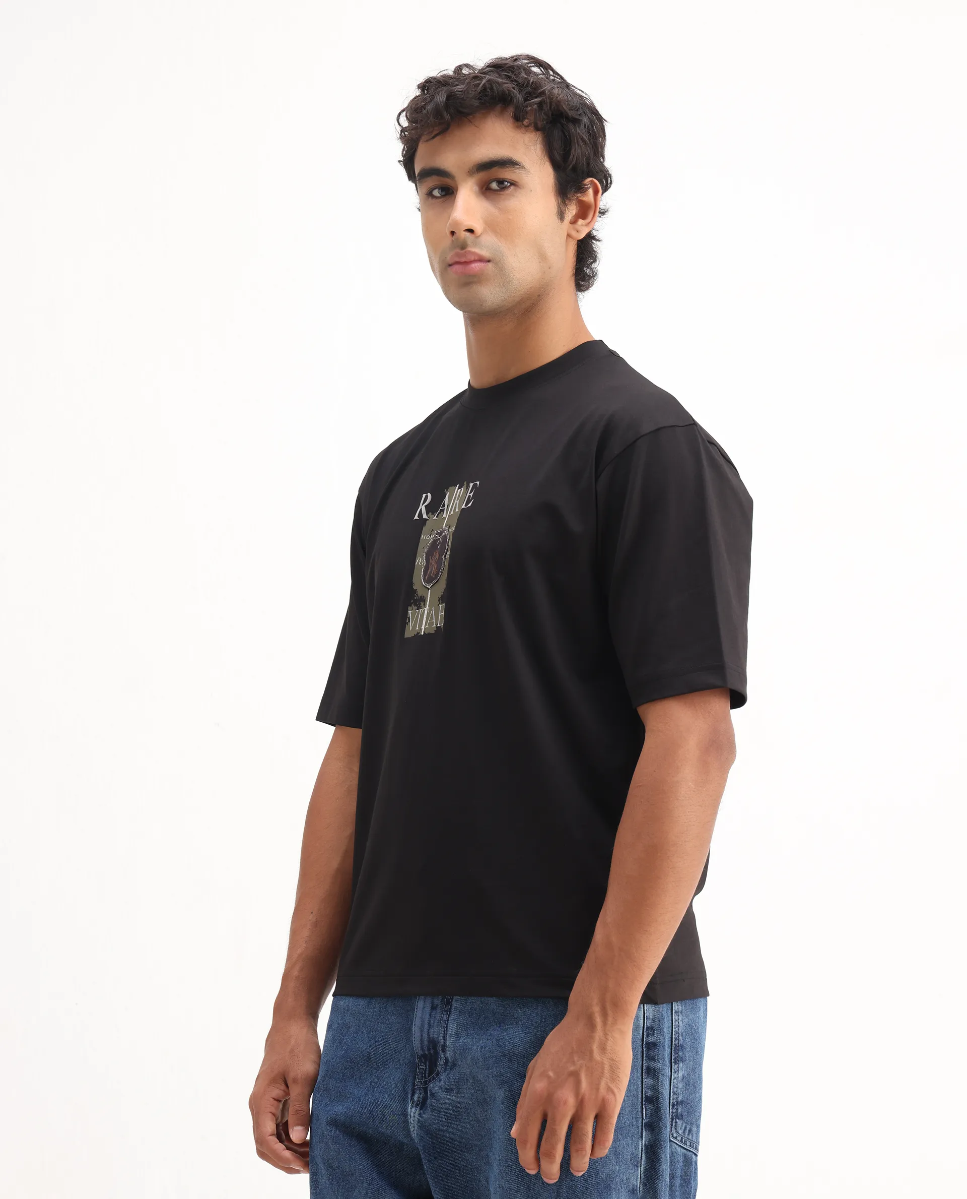 Rare Rabbit Men's Nexat Black Cotton Blend Graphic Print Regular Fit Half Sleeve Crew Neck T-Shirt - Image 5