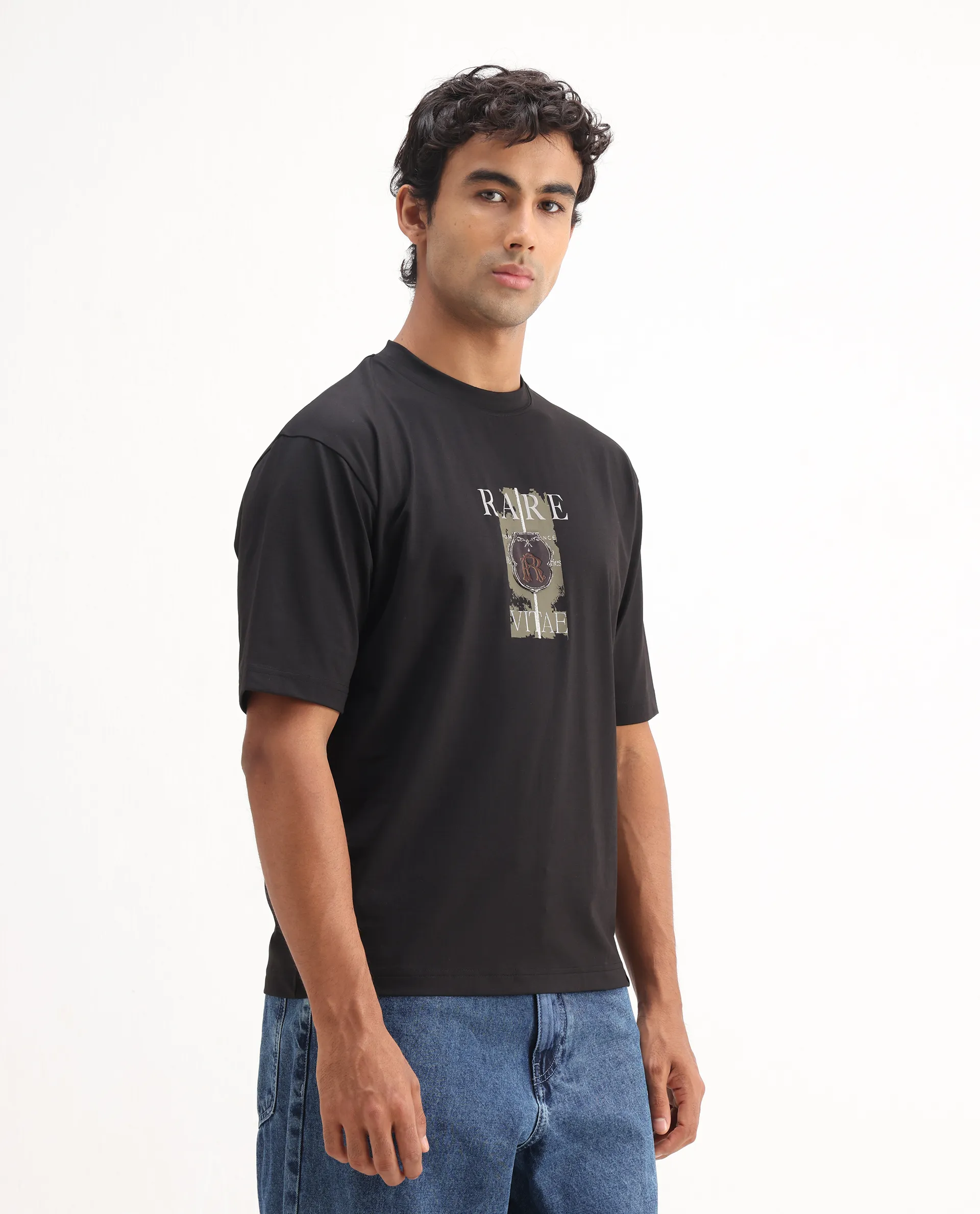 Rare Rabbit Men's Nexat Black Cotton Blend Graphic Print Regular Fit Half Sleeve Crew Neck T-Shirt - Image 6