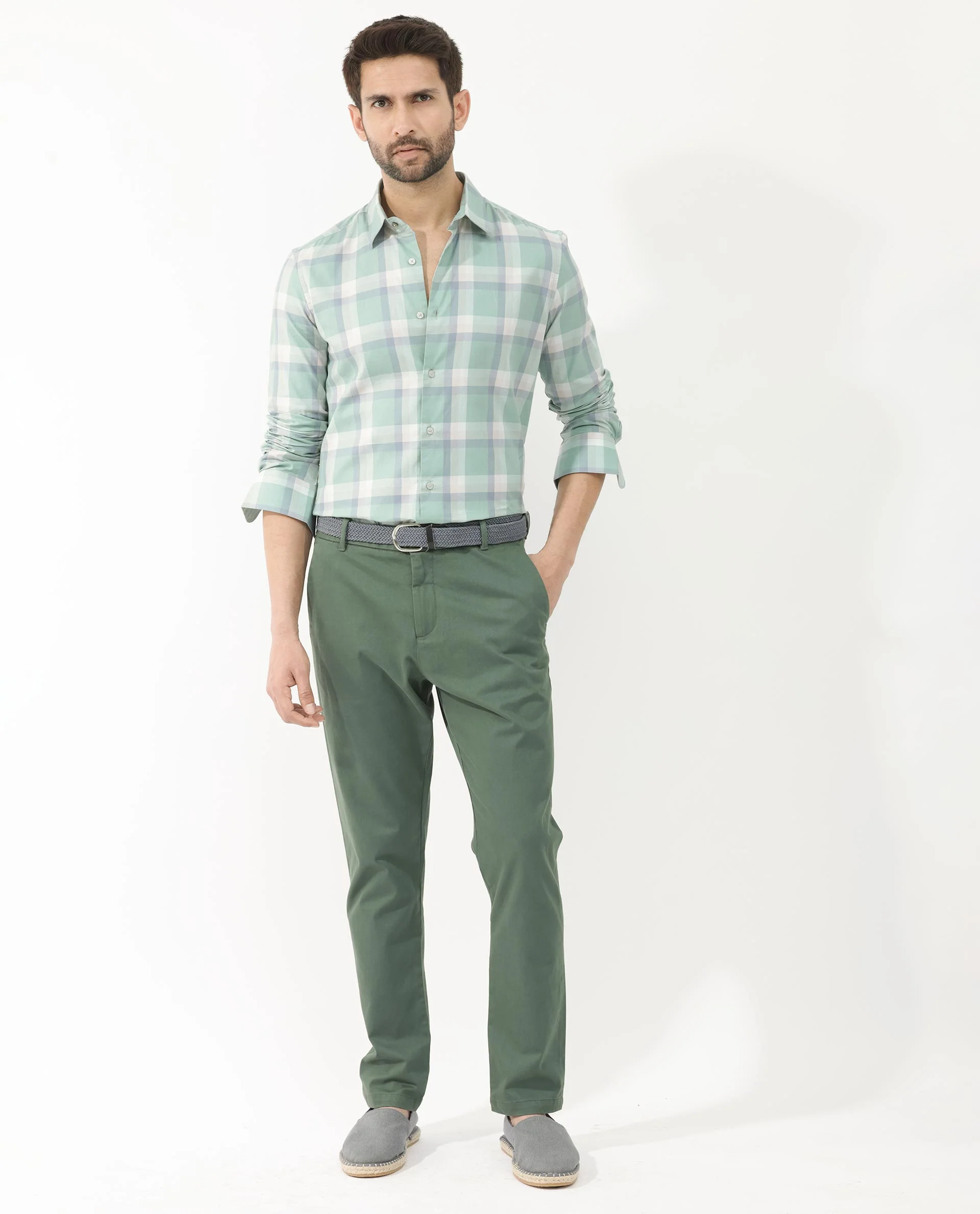 Rare Rabbit Men's Nexi Dusky Green Cotton Checked Print Regular Fit Full Sleeve Collared Shirt - Image 2
