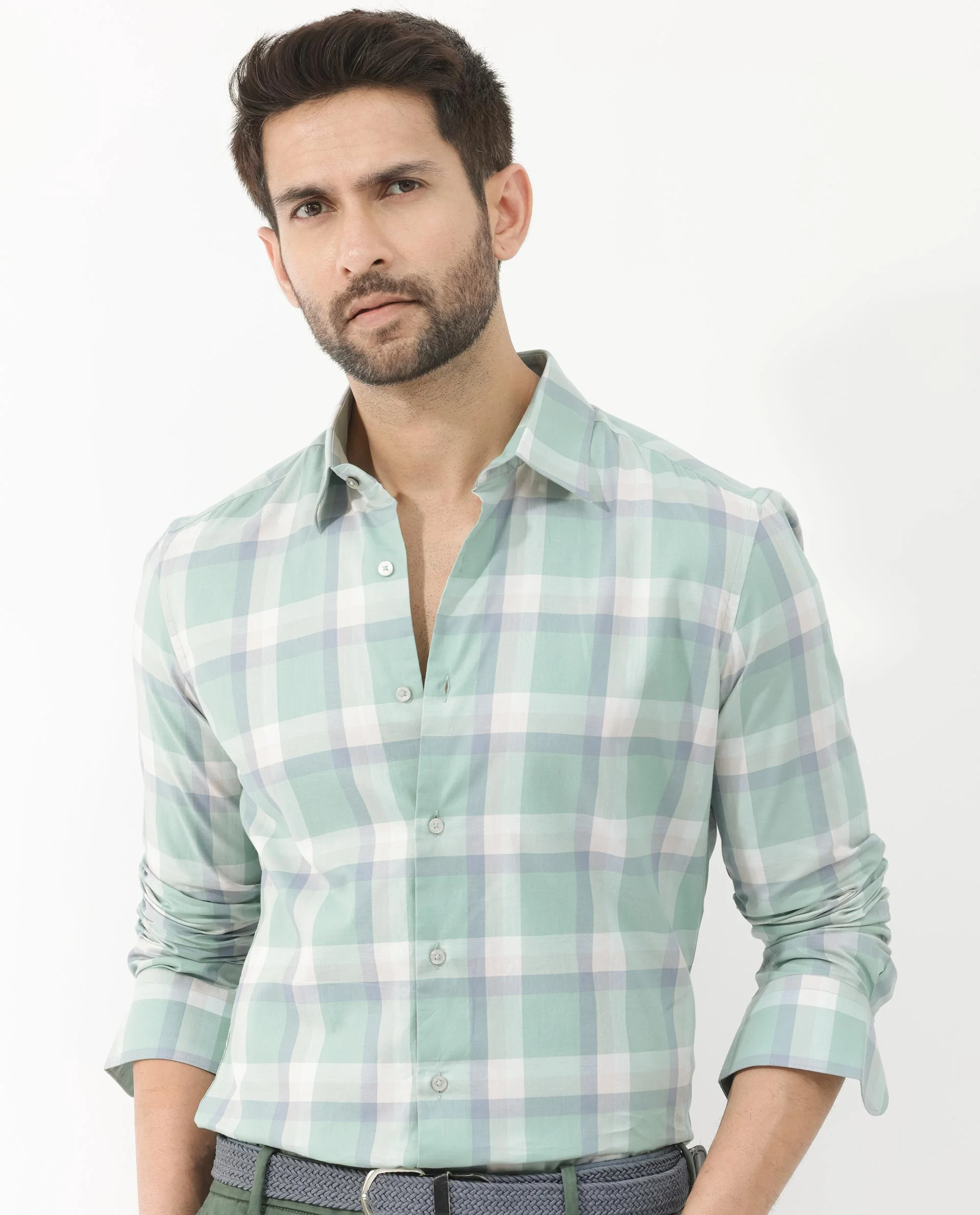 Rare Rabbit Men's Nexi Dusky Green Cotton Checked Print Regular Fit Full Sleeve Collared Shirt - Image 3